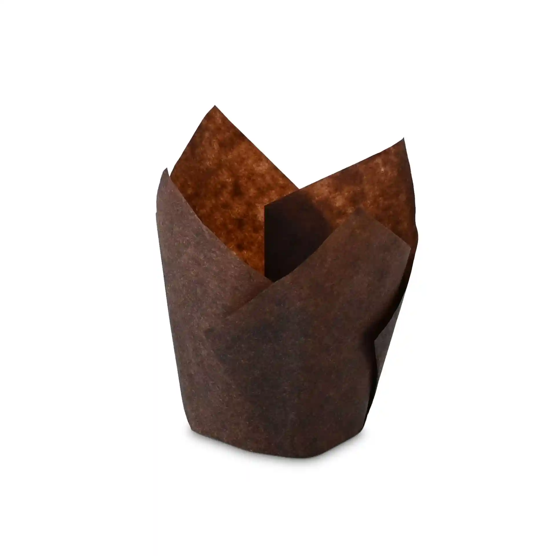 Cup di carta marrone per muffin con un'altezza di 80 mm e un diametro di 50 mm alla base.