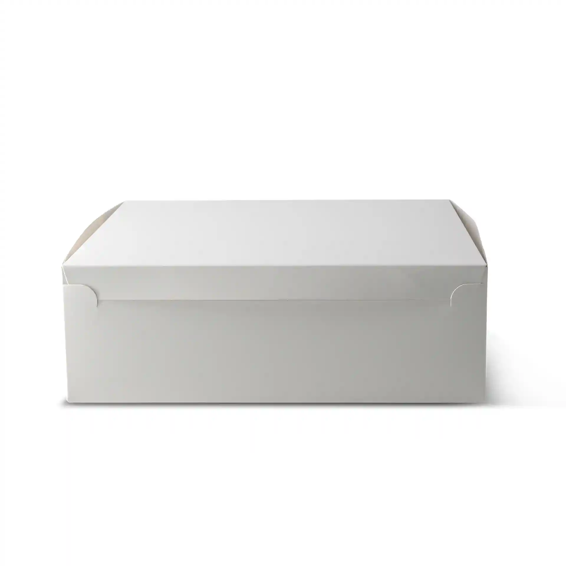 Scatola per torte bianca con coperchio, misura 30,5 x 30,5 x 10 cm, vista frontale.