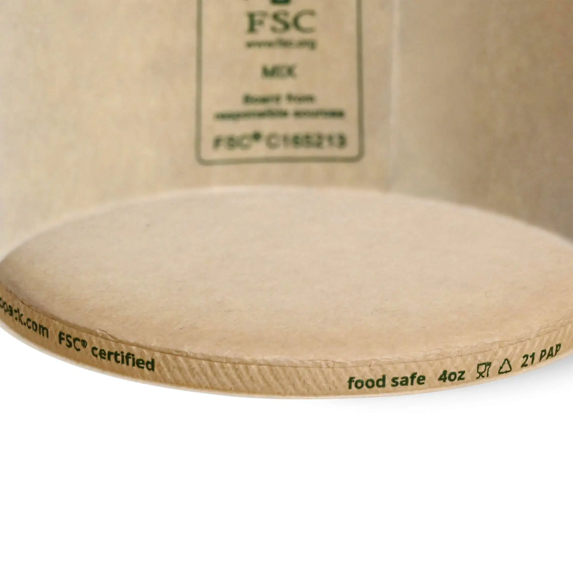 Cup in carta marrone per gelato con dettagli di certificazione FSC; barriera a base d'acqua; capacità di 4 oz; biodegradabile e sicuro per alimenti.