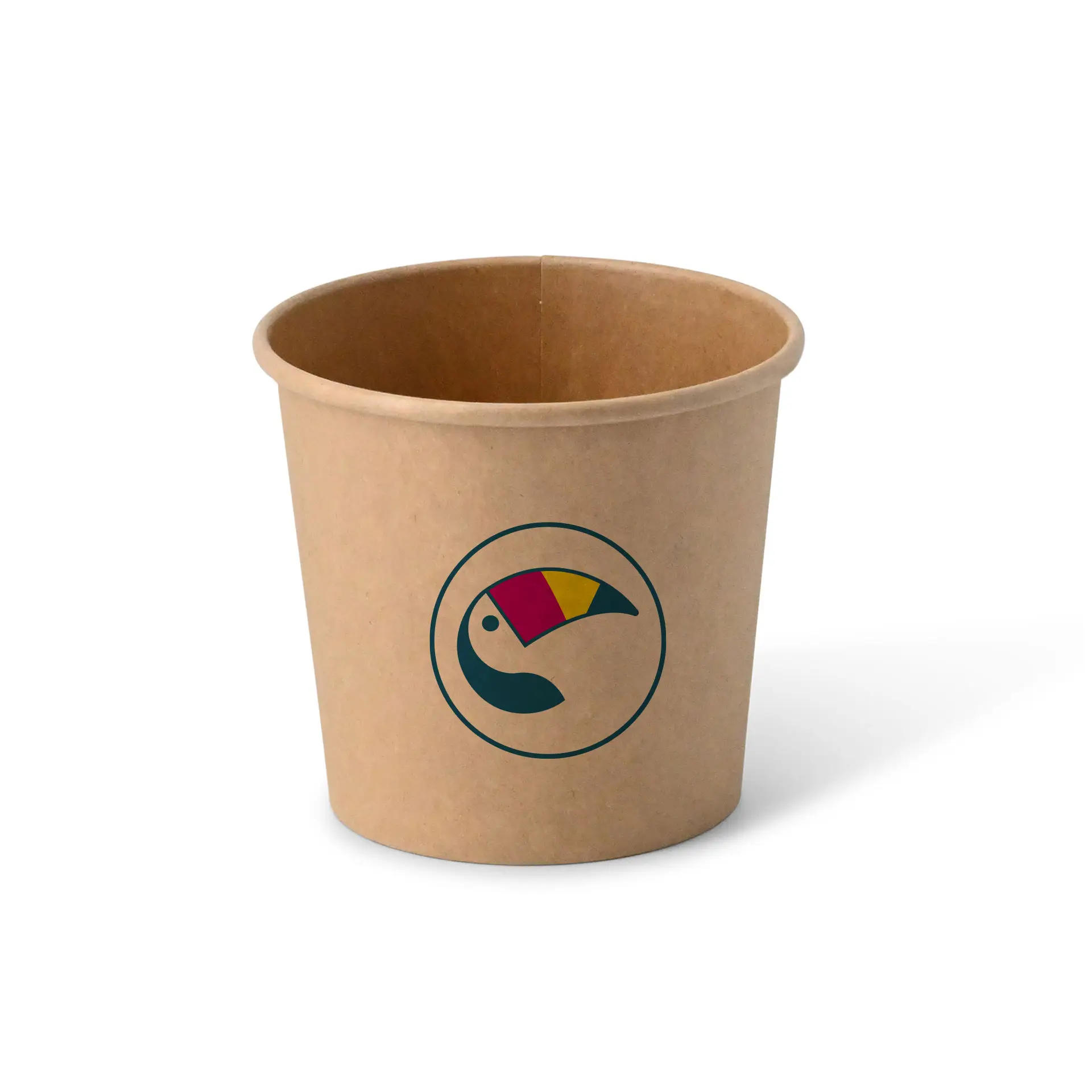 Coppa di gelato marrone con design di tucano stampato, realizzata in materiale compensato per il clima, dimensione 10 oz.