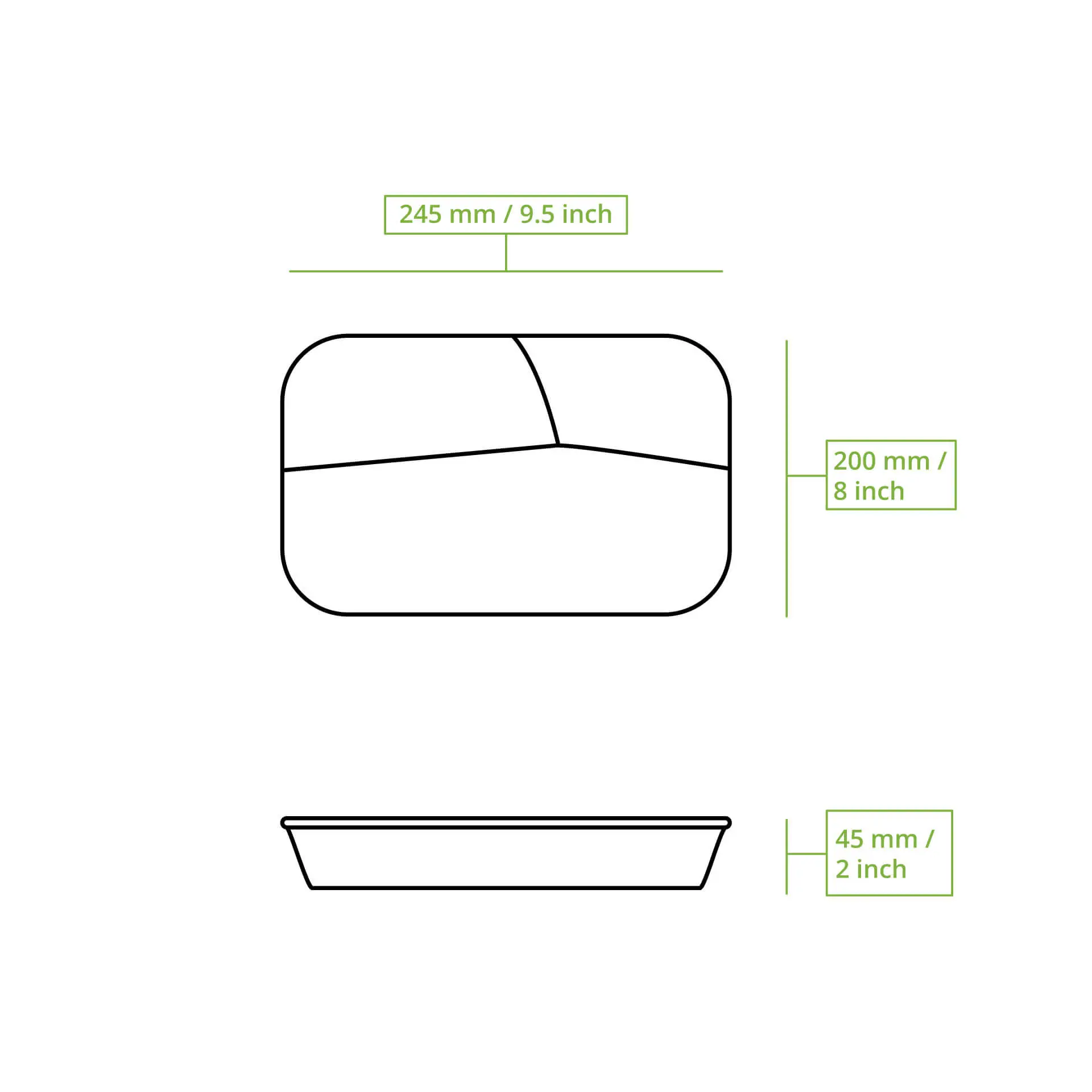 Vassoio per menu riutilizzabile bianco cremoso con tre scomparti, dimensioni 245mm x 200mm x 45mm, design ecologico.