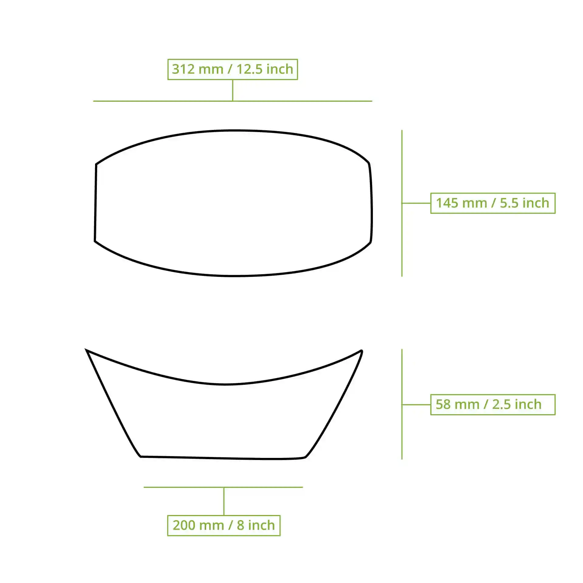Disegno schematico di una barca di foglie di palma con dimensioni etichettate: 312 mm di lunghezza, 145 mm di larghezza, 58 mm di altezza e 200 mm di lunghezza del fondo.