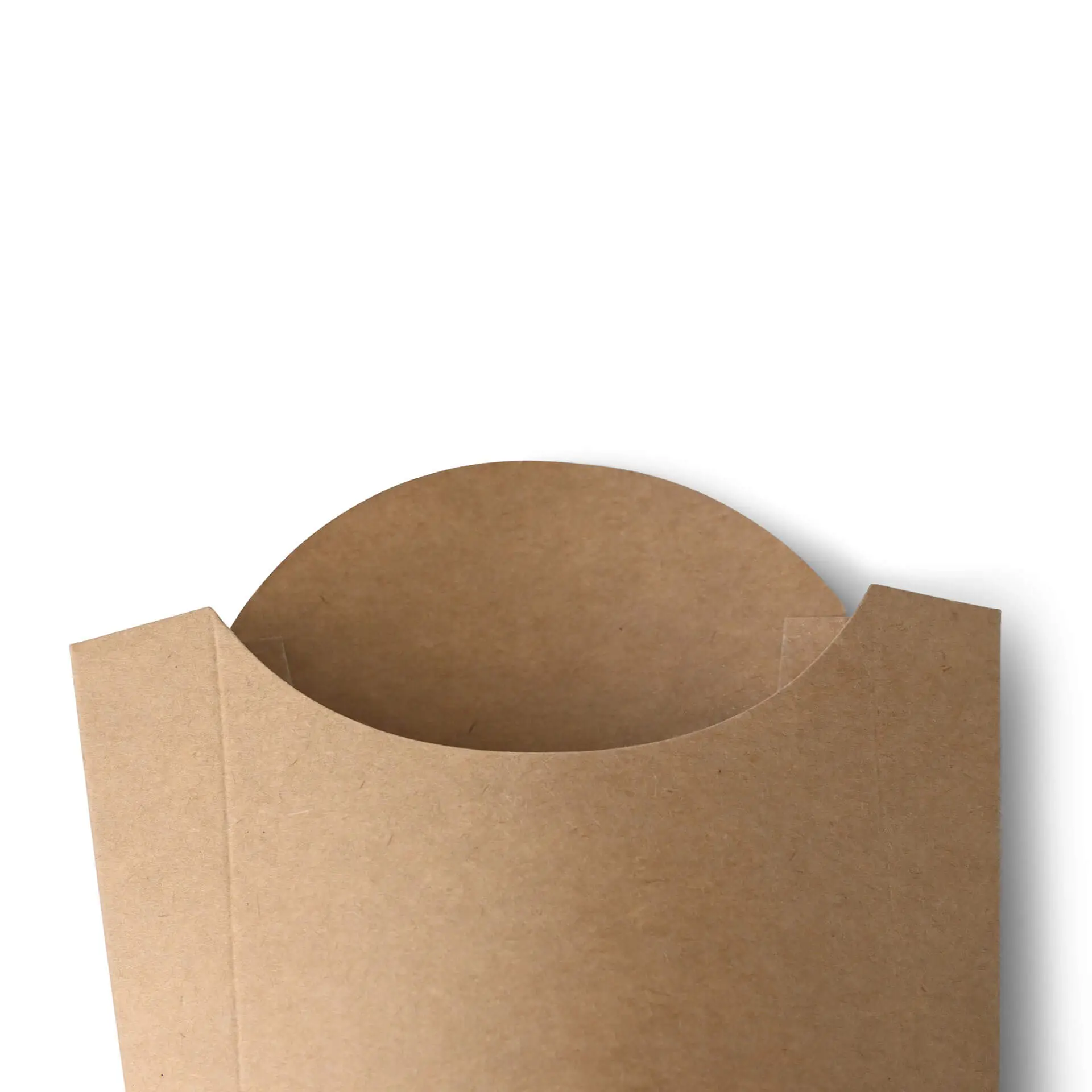 Un mestolo in cartone marrone con una parte superiore aperta, adatto per servire cibi fritti; progettato per resistere al calore e al grasso.