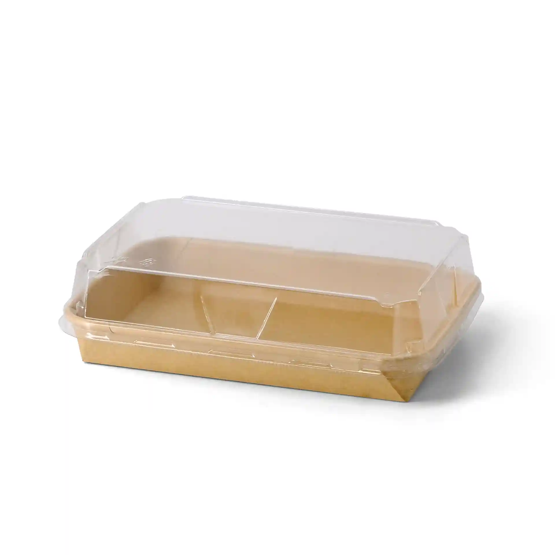 Scatola di sushi marrone con coperchio trasparente, misura 18,5 x 13 x 2,5 cm, con due scomparti interni.