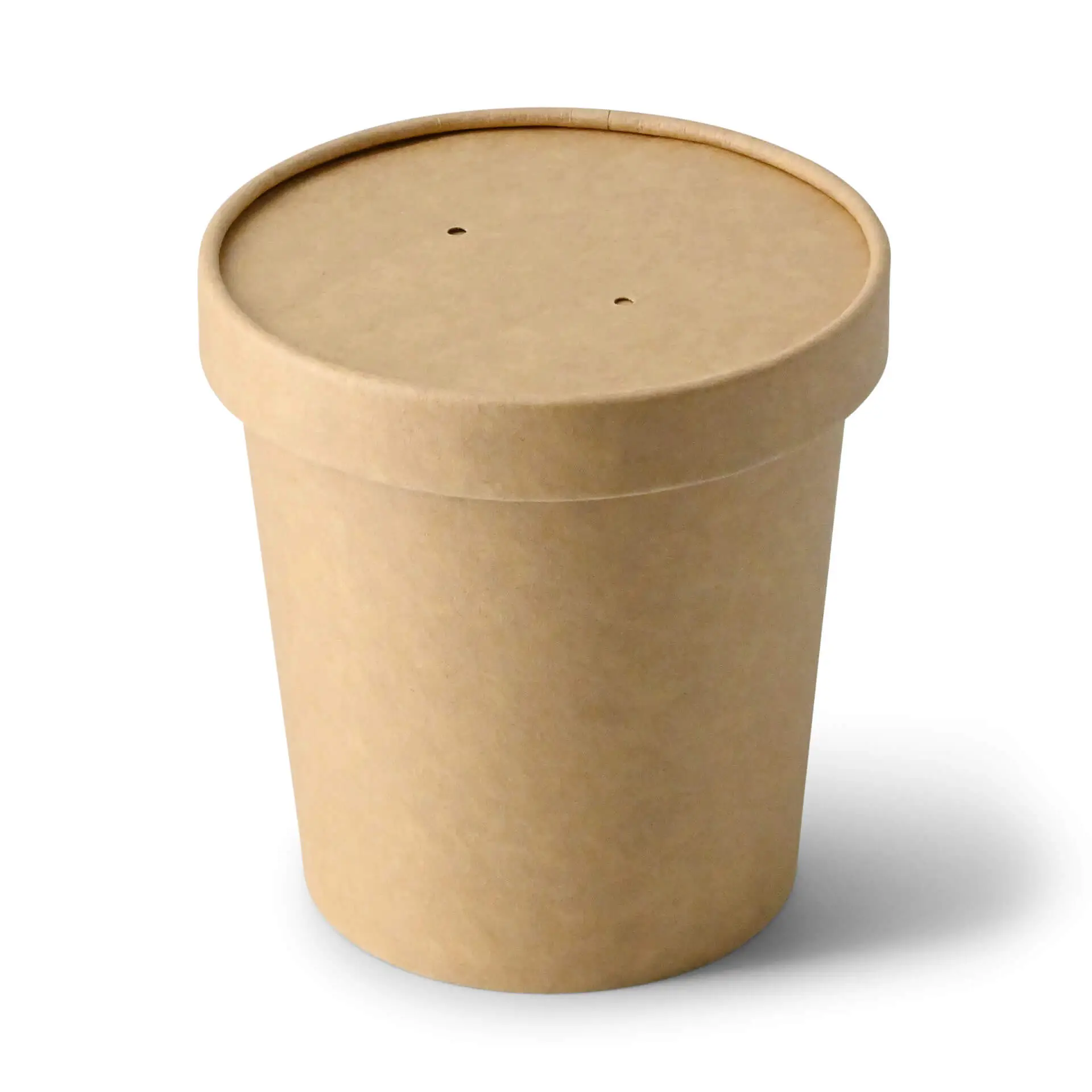 Bicchiere di carta marrone per zuppa con coperchio sigillato; presenta piccoli fori per il rilascio del vapore. Adatto per piatti caldi.