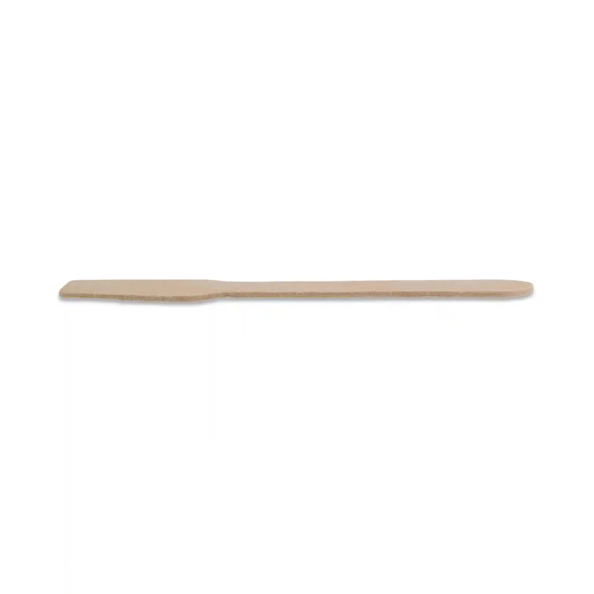 Cucchiaio di legno marrone lungo 9,6 cm, con un'estremità piatta e un manico arrotondato.