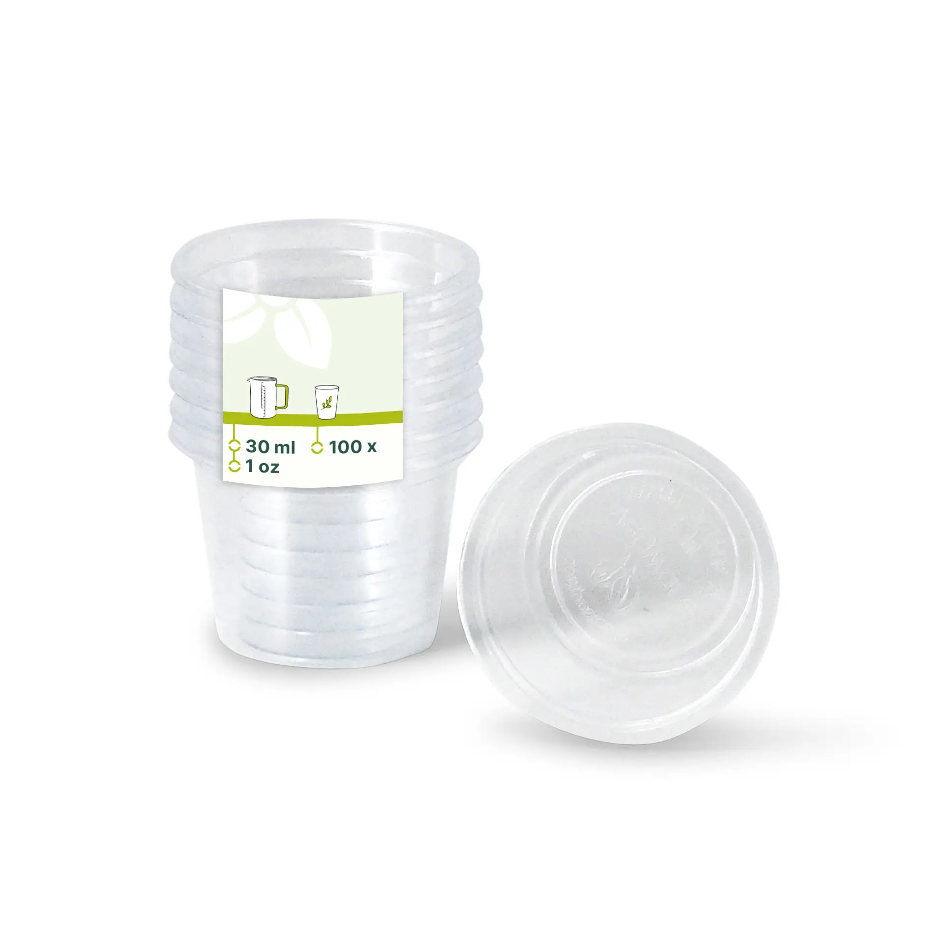 Una pila di bicchieri porzione in PLA trasparenti; l'etichetta indica una capacità di 30 ml (1 oz) e include 100 bicchieri in totale.