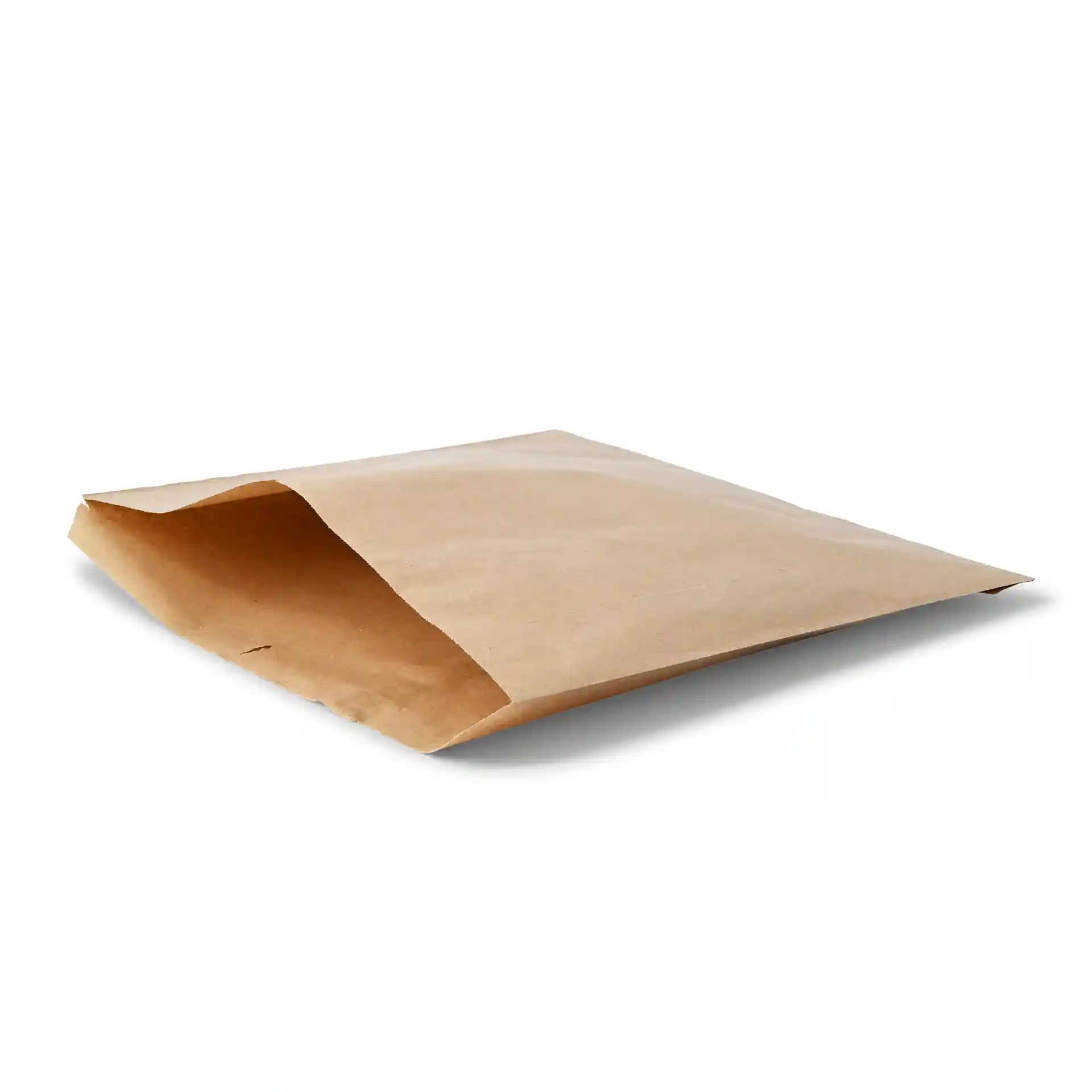 Busta piatta in carta kraft marrone di 30 x 29 cm, mostrata con un lembo aperto su un lato.