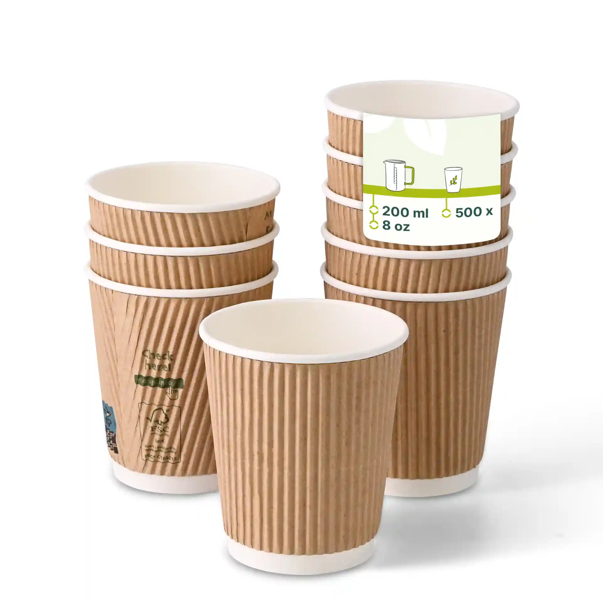 Pila di otto tazze marroni rigate da 8 oz con interni bianchi, una tazza davanti con etichetta.