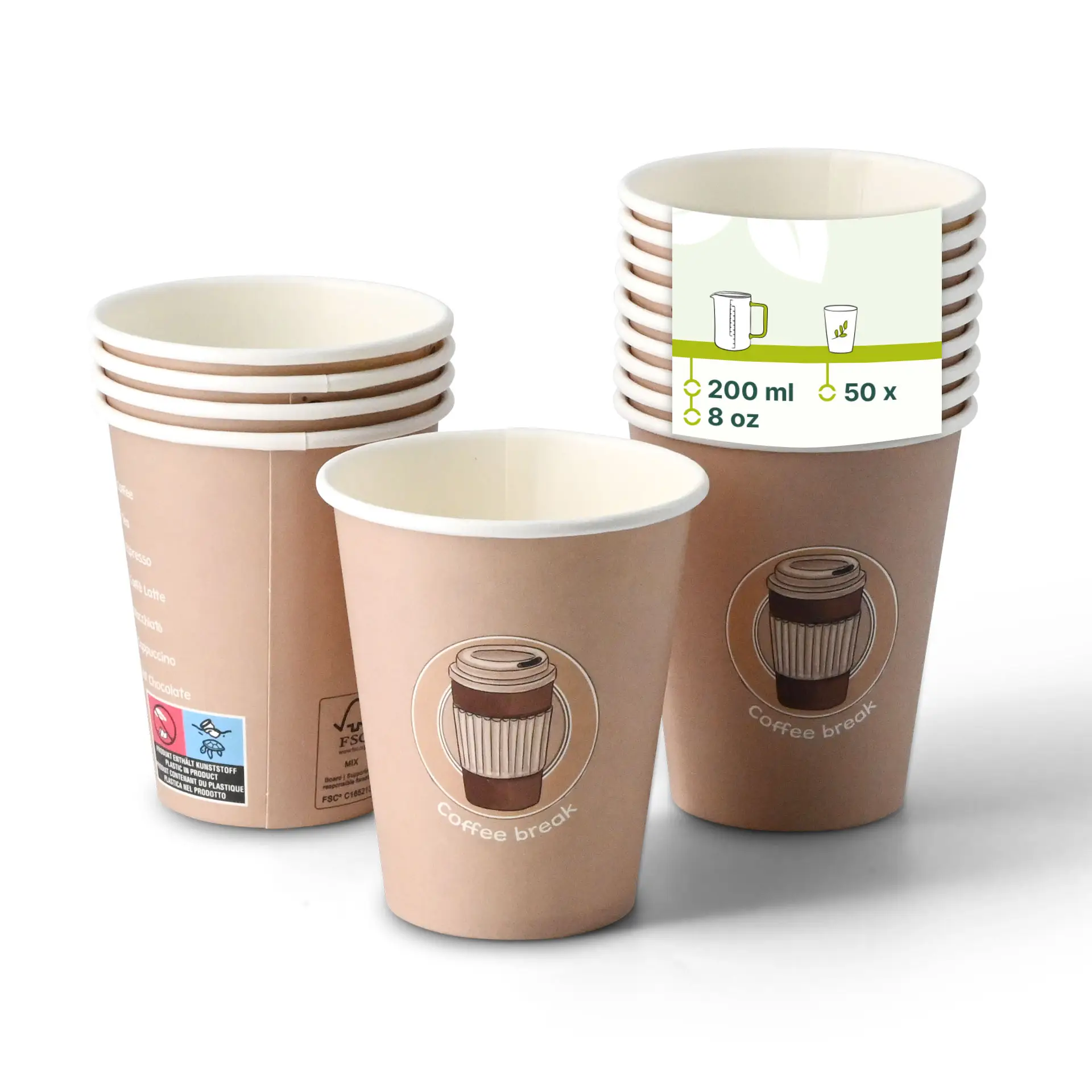 Un bicchiere di carta da 8 oz con stampa "Coffeebreak"; diversi bicchieri simili parzialmente visibili dietro di esso.