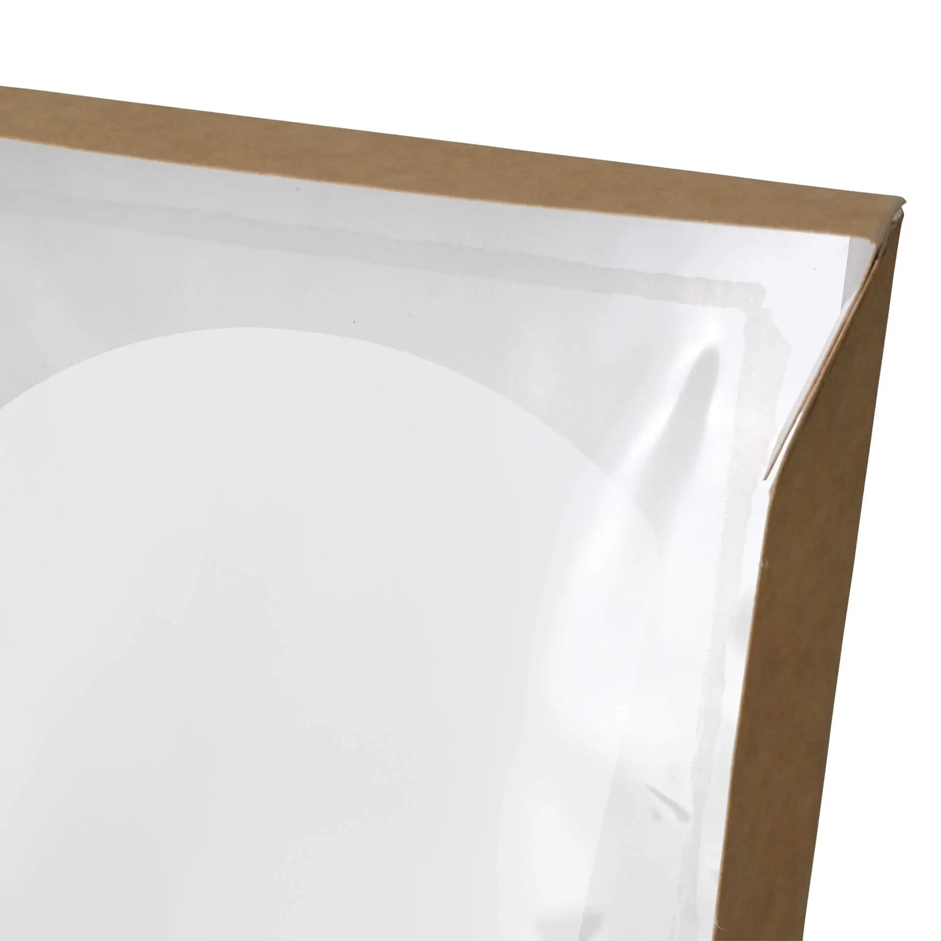 Scatola in cartone con finestra in cellulosa, esterno marrone e interno bianco, misura 12 x 12 x 4 cm.