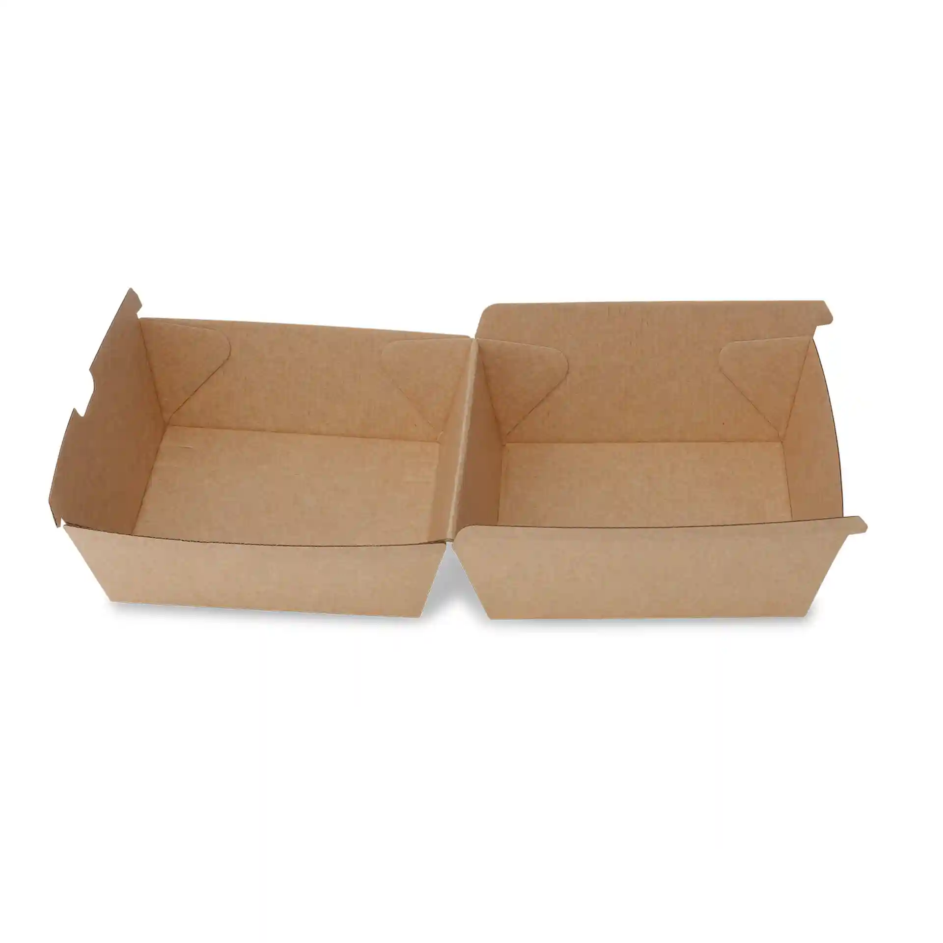 Scatola per hamburger in cartone kraft rettangolare con due scomparti, dimensioni 16,8 x 15,8 x 9,8 cm.