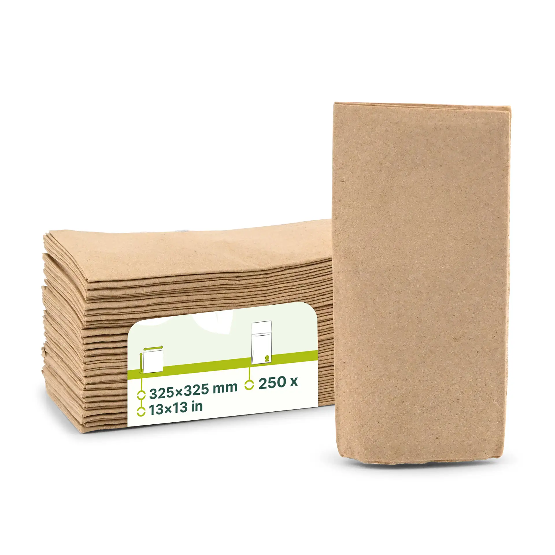 Pila di tovaglioli di carta riciclata non sbiancata, 32,5 x 32,5 cm, con etichetta che mostra dimensioni e quantità.