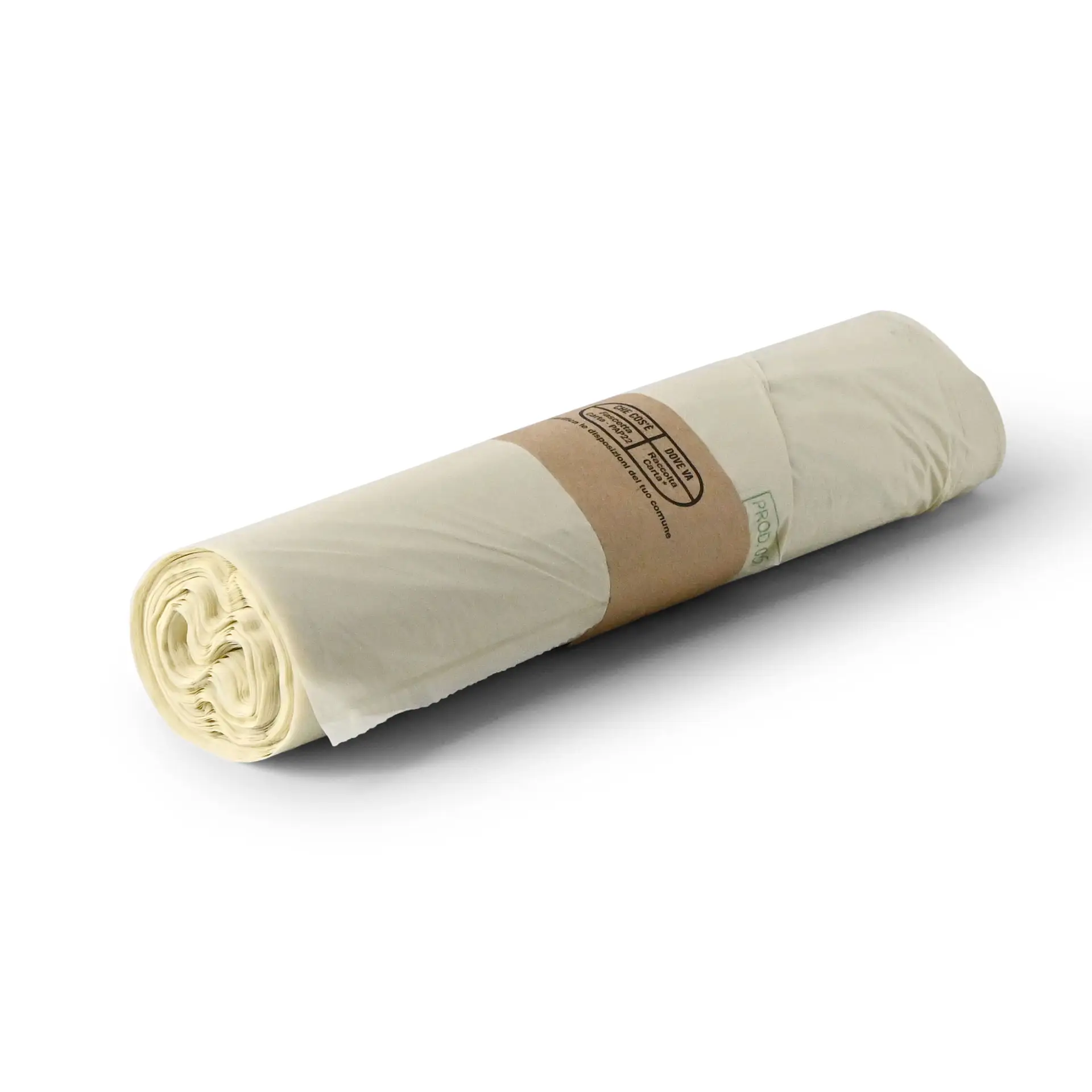Sacchi bio trasparenti in PLA al 100%; imballaggio a rotolo con etichetta. Adatto per lo smaltimento dei rifiuti, biodegradabile e compostabile.