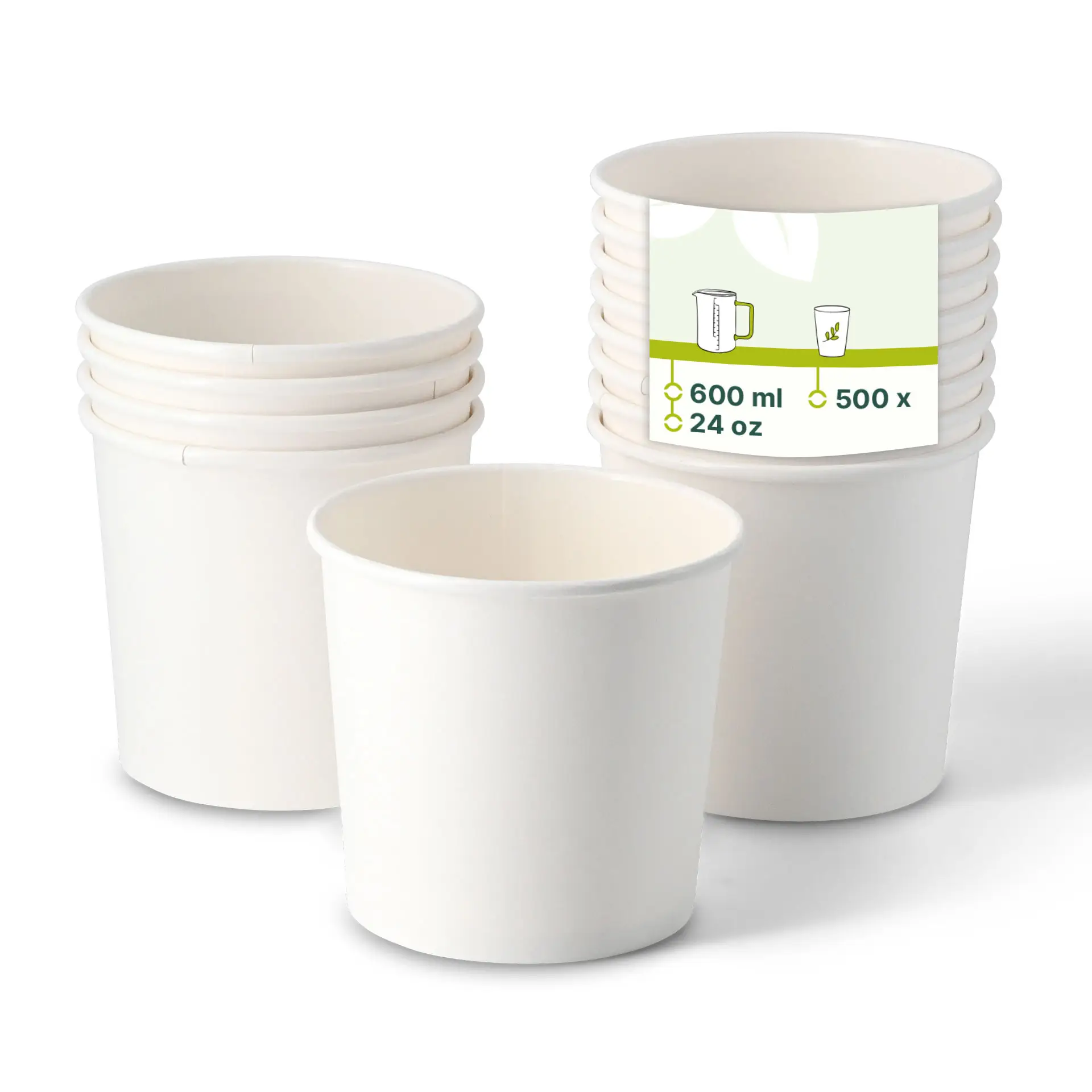 Una pila di tazze da zuppa in cartone biodegradabile bianche con rivestimento in PLA, ciascuna da 600 ml, esposte con un'etichetta.