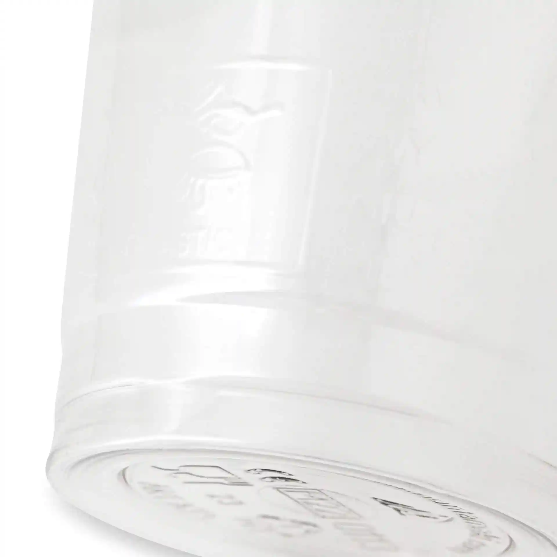 Bicchiere rPET trasparente da 12 oz con un diametro di 95 mm e un'altezza di 107 mm, mostra il fondo e i dettagli laterali.