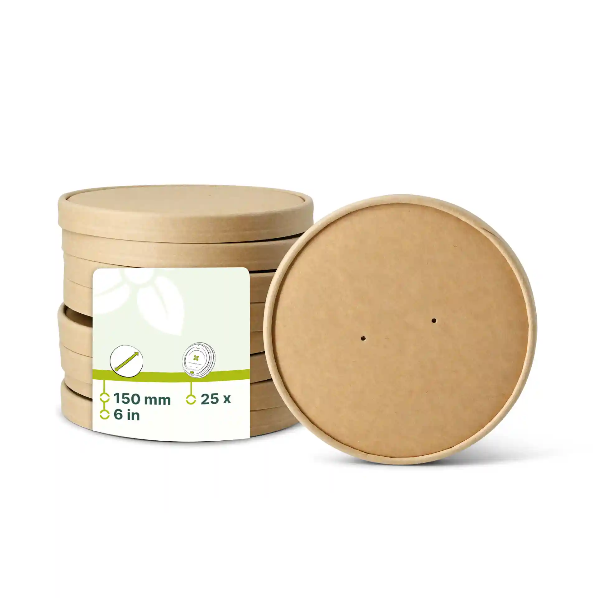 Coperchio rotondo in cartone marrone con membrana, diametro di 150 mm, impilato con un'etichetta che mostra i dettagli del prodotto.