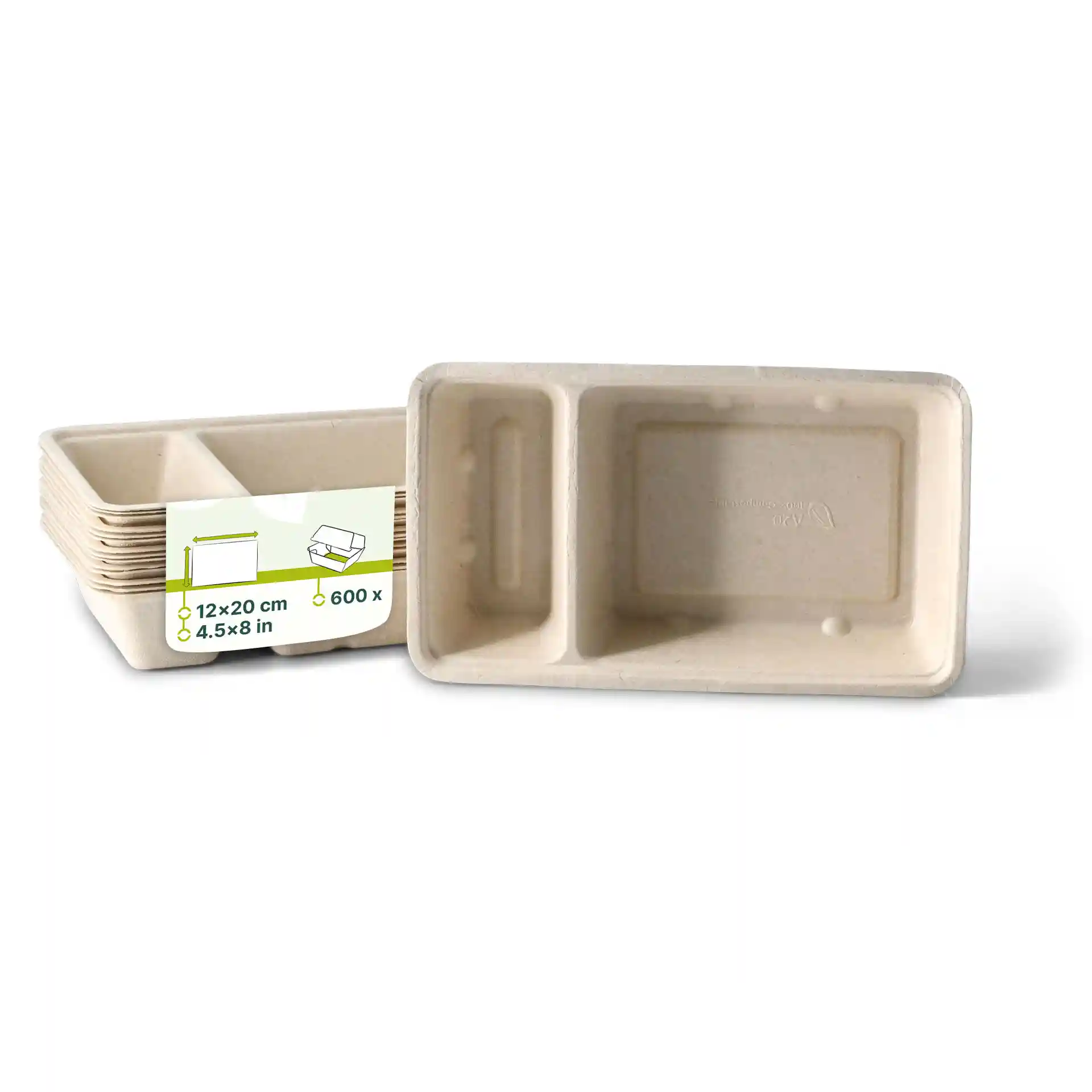 Vassoio rettangolare in bagassa bianco crema con due scomparti, misura 12 x 20 cm.