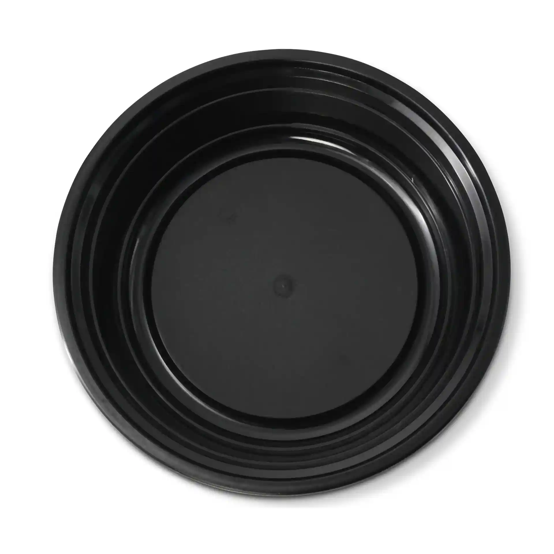 Piatto rotondo riutilizzabile nero con un diametro di 182 mm e un'altezza di 44 mm, realizzato in polipropilene.