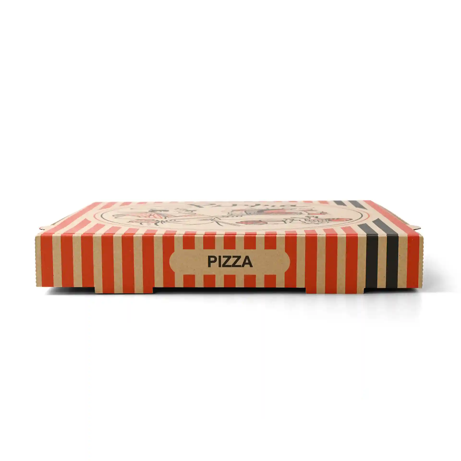 Scatola per pizza con design marrone, strisce rosse e nere, etichettata 'PIZZA', misura 30 x 30 x 4 cm.