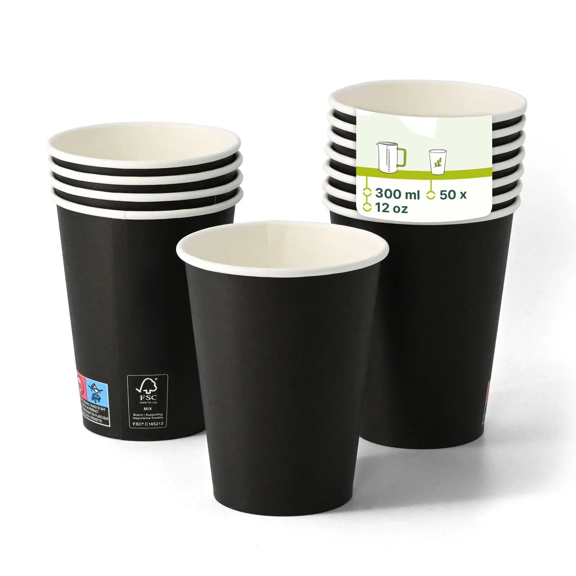 Bicchieri neri con interno bianco, impilati con un'etichetta che mostra una capacità di 12 oz e un volume di 300 ml.