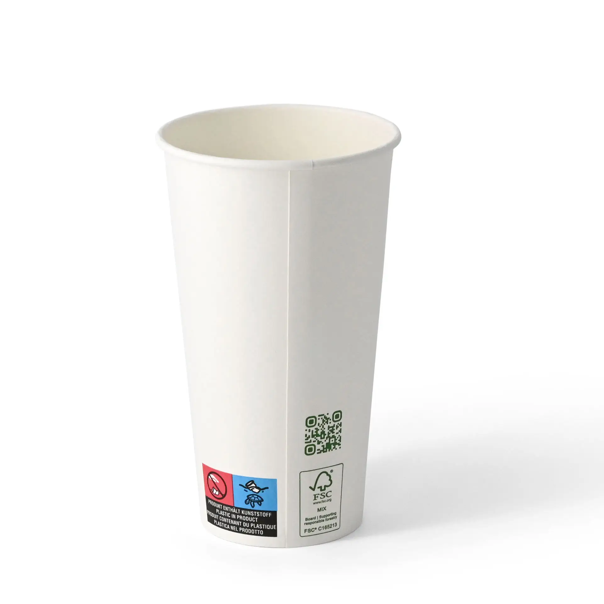 Bicchiere di carta bianco a parete singola con rivestimento in PLA, adatto per bevande calde e fredde, con codice QR stampato di lato.