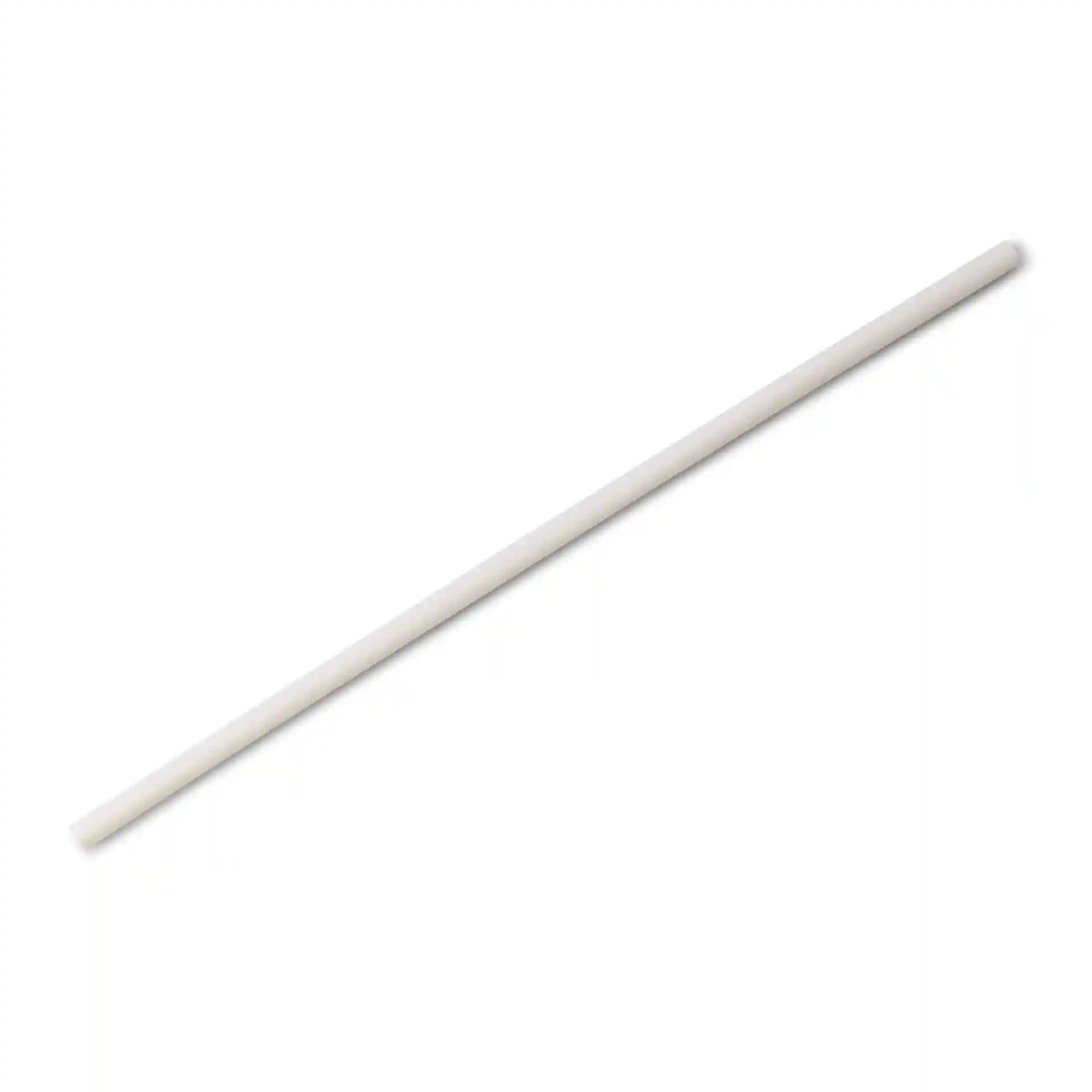 Cannuccia di carta bianca, lunga 20 cm e con un diametro di 0,5 cm, esposta su uno sfondo semplice.