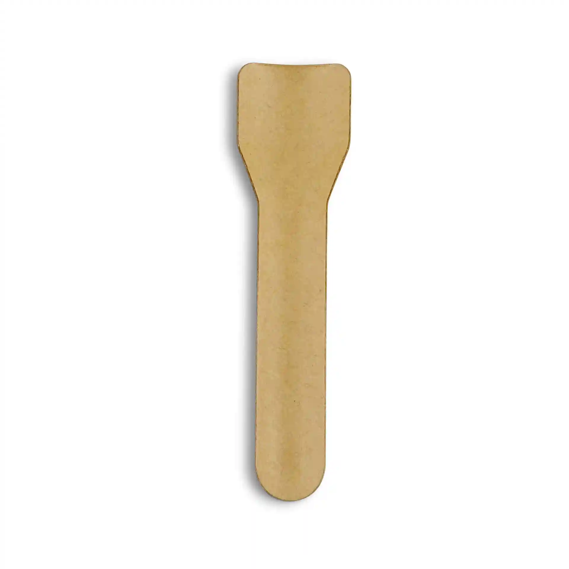 Cucchiaio di carta marrone per gelato, lungo 9,5 cm, con punta piatta e arrotondata e manico affusolato.