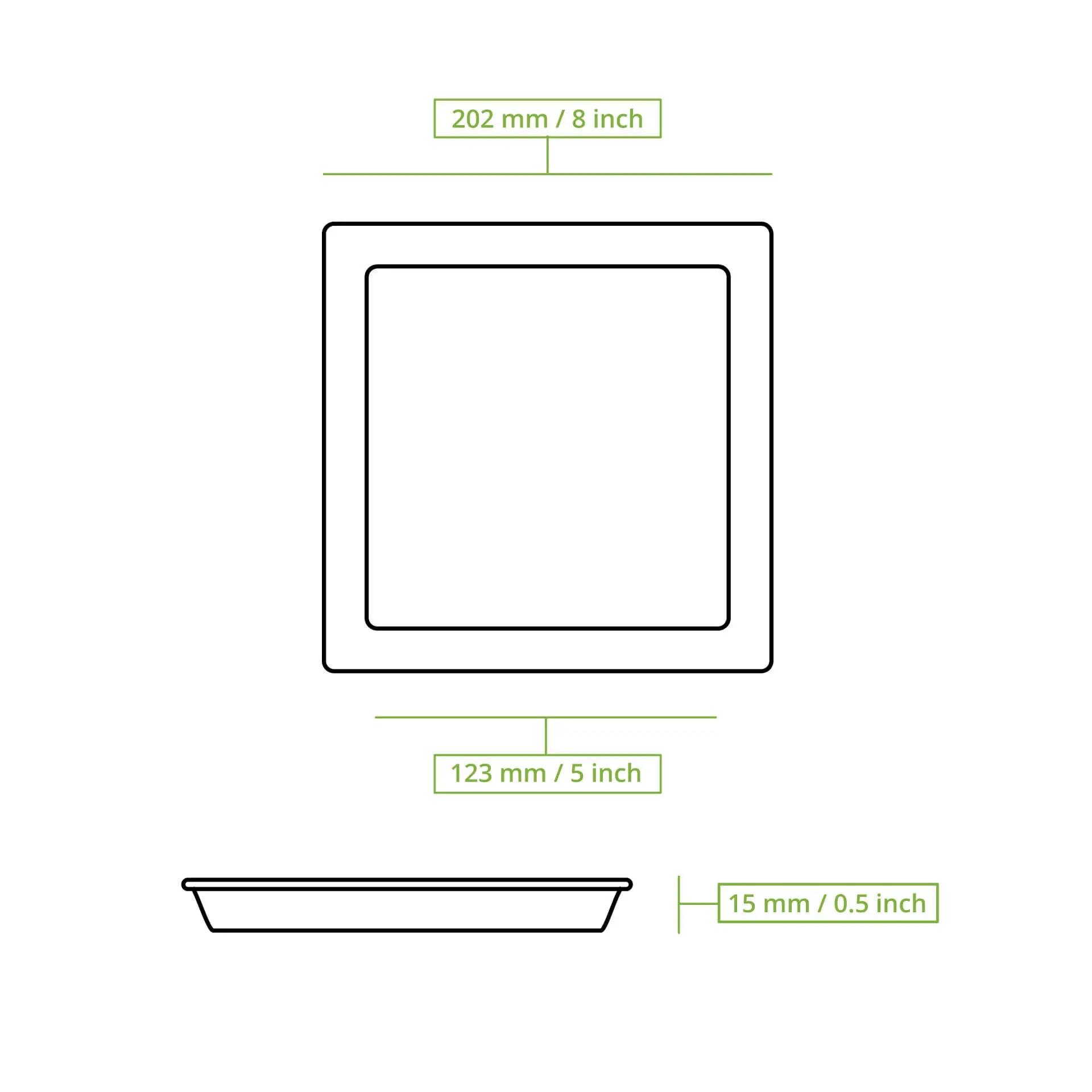 Piatto quadrato in canna da zucchero per alimenti, dimensioni 202 mm x 123 mm; adatto per cibi caldi e freddi; materiale biodegradabile.