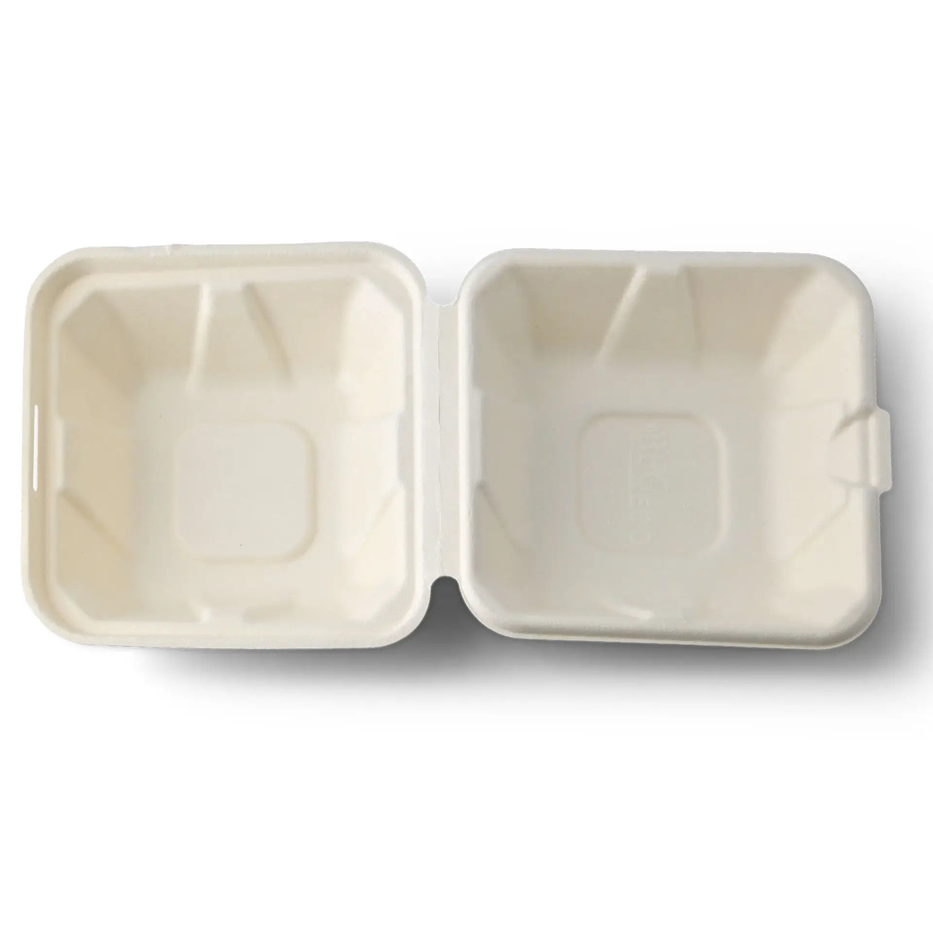 Scatola per hamburger quadrata in fibra di legno, 14,5 x 14,5 x 7 cm, con due scomparti per il cibo. Materiale biodegradabile e certificato FSC.