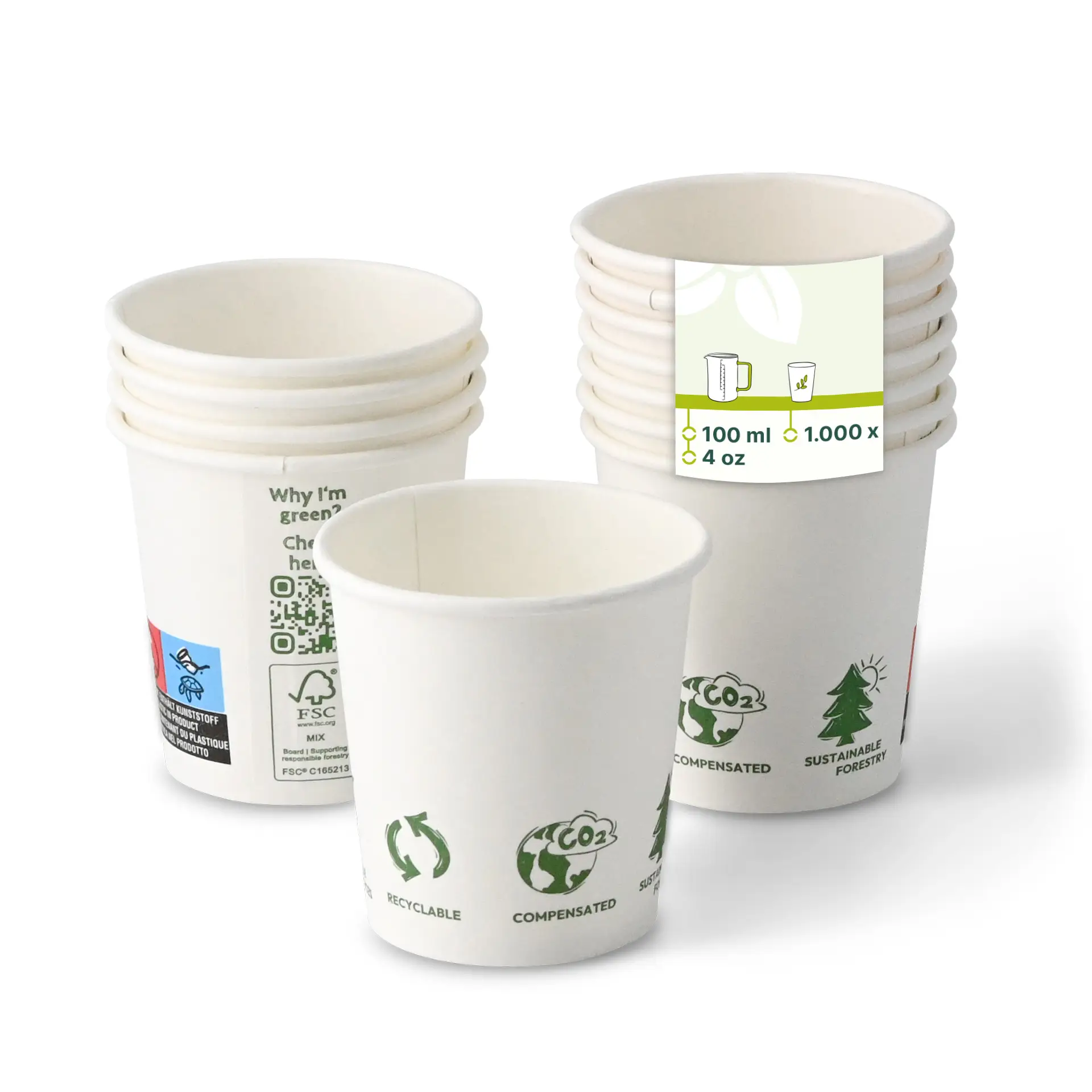 Bicchiere di carta 100 ml / 4 oz, Ø 62 mm, con icone "EcoUp©", monostrato, bianco, con rivestimento in PLA