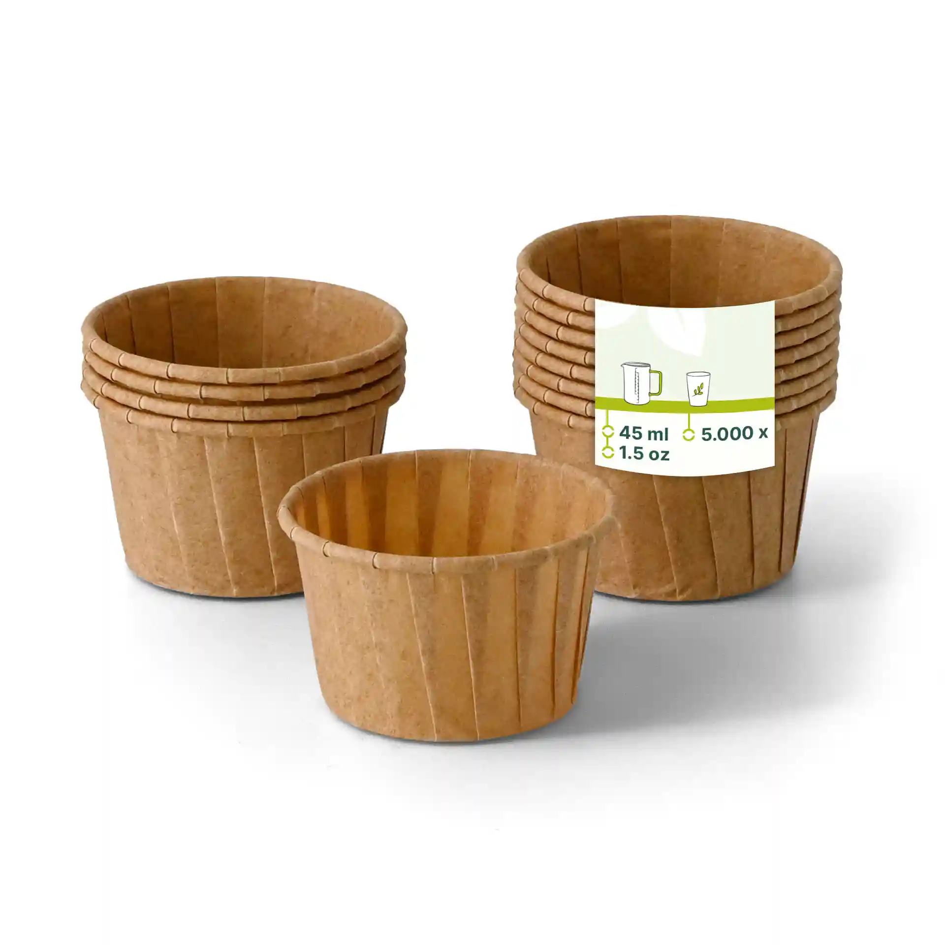 Bicchieri di carta marroni con una capacità di 45 ml, impilati con un bicchiere davanti.