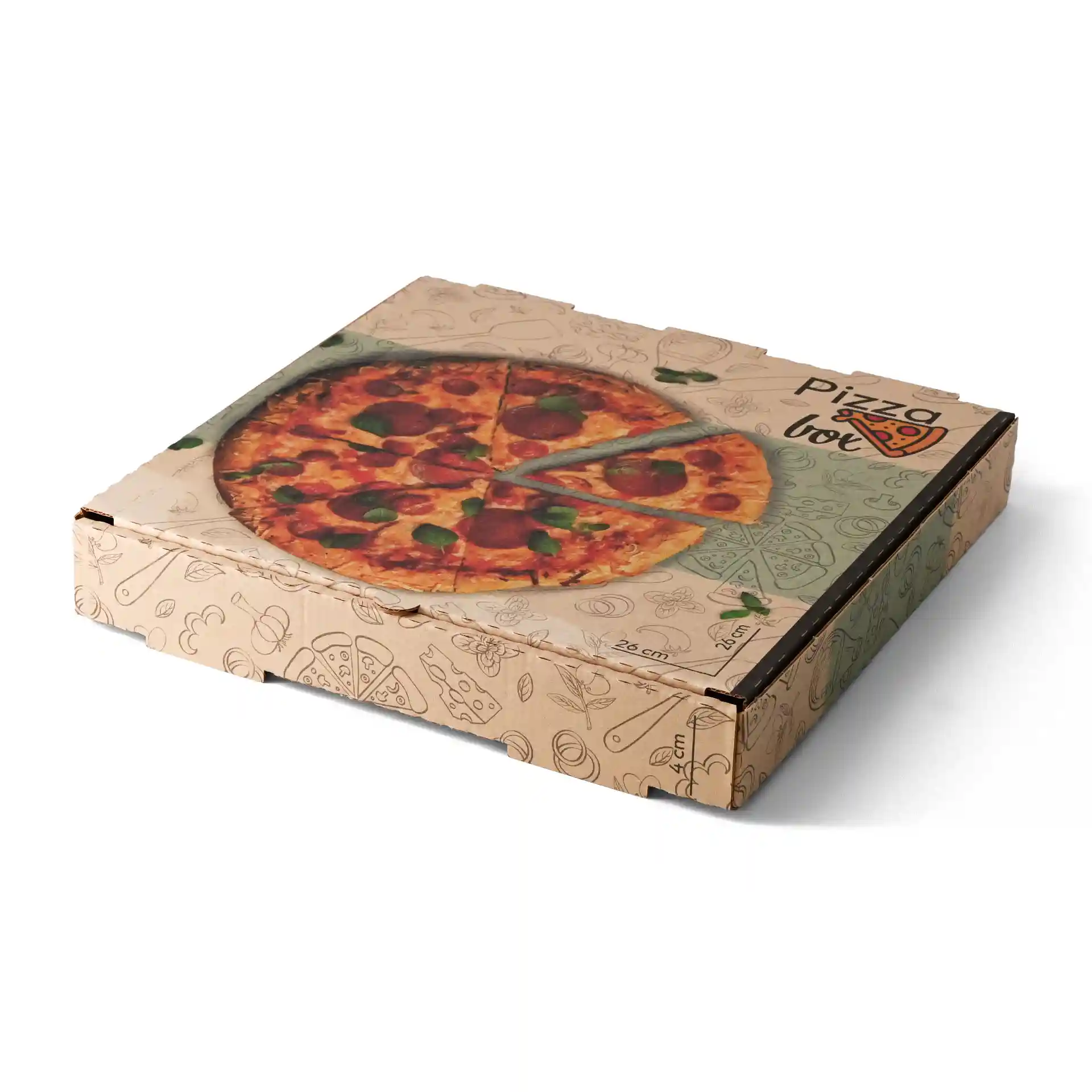 Scatola per pizza marrone con un design di pizza stampato sopra, misura 26 x 26 x 4 cm.
