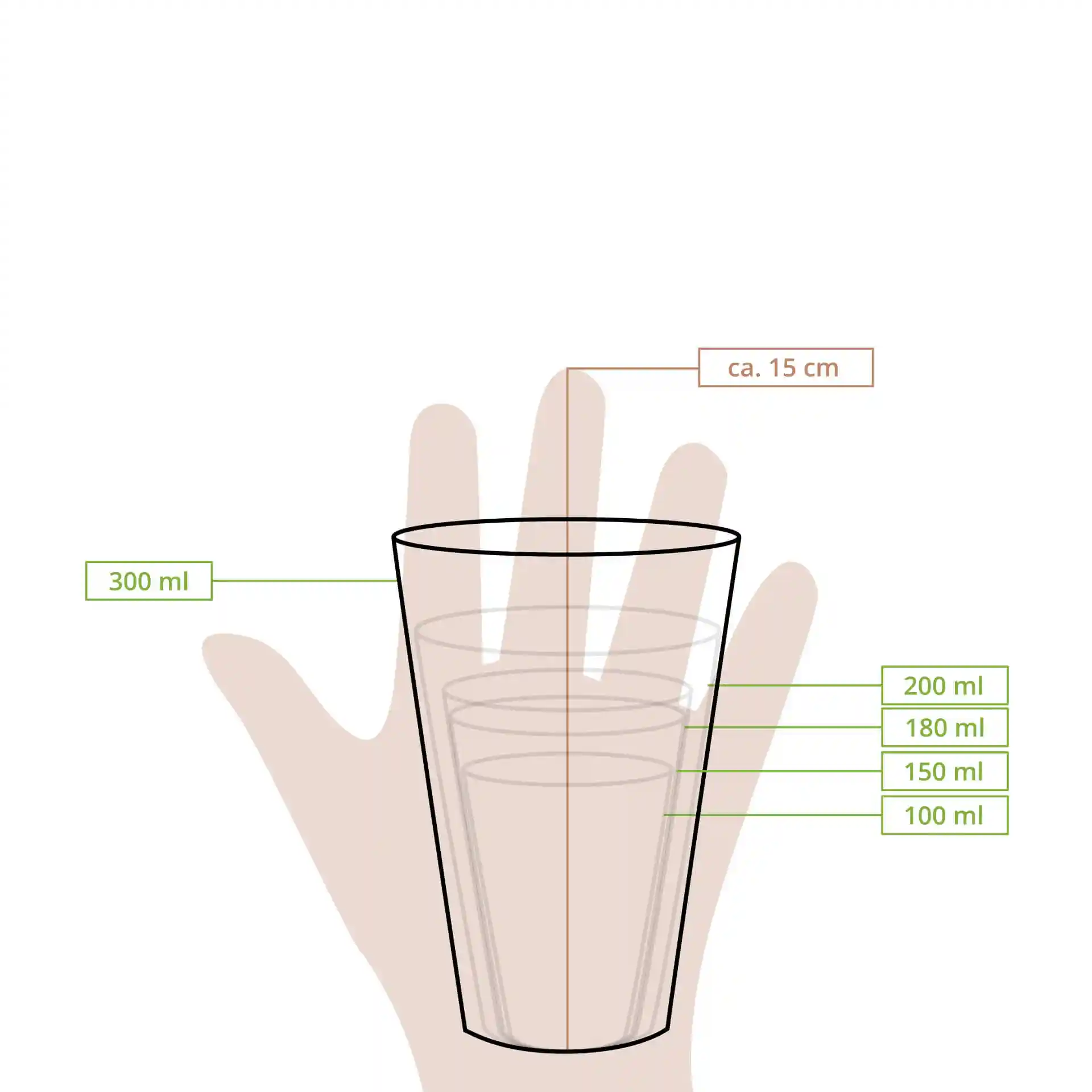 Disegno schematico di un bicchiere con linee di misura che mostrano le marcature di altezza e volume da 100 ml a 300 ml.