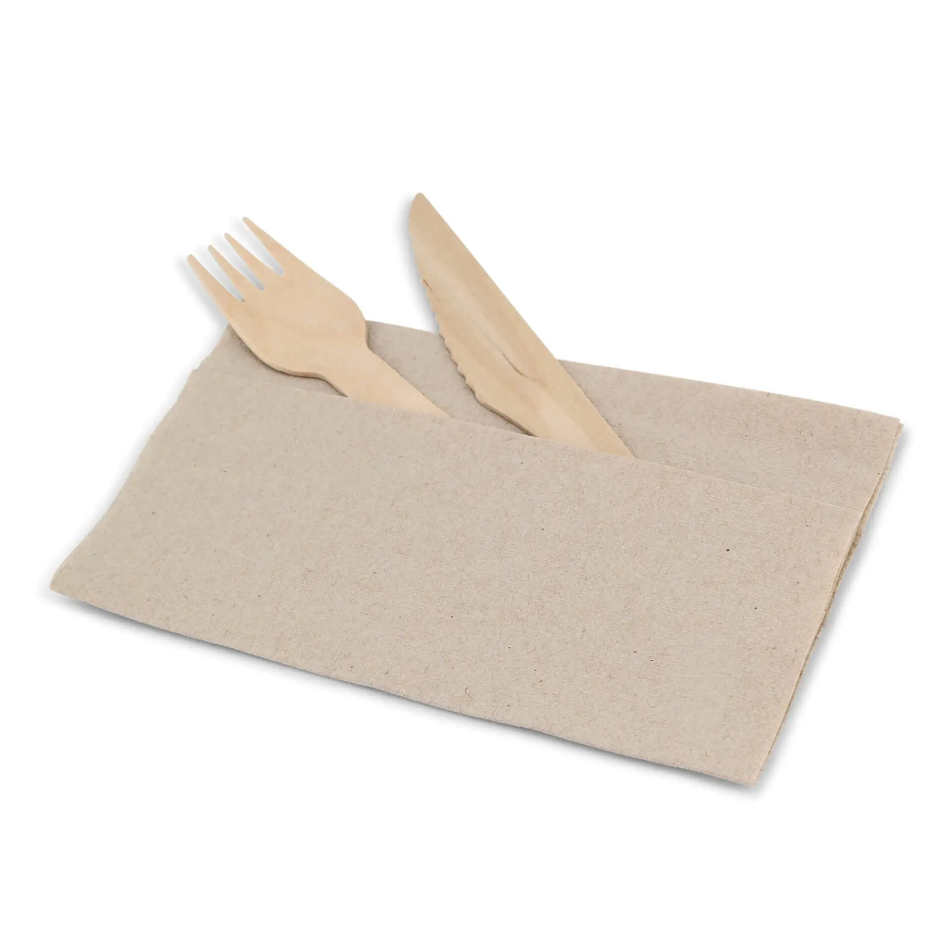 Set di posate in supporto di carta non sbiancata con una forchetta e un coltello, con simbolo di riciclo sul lato.