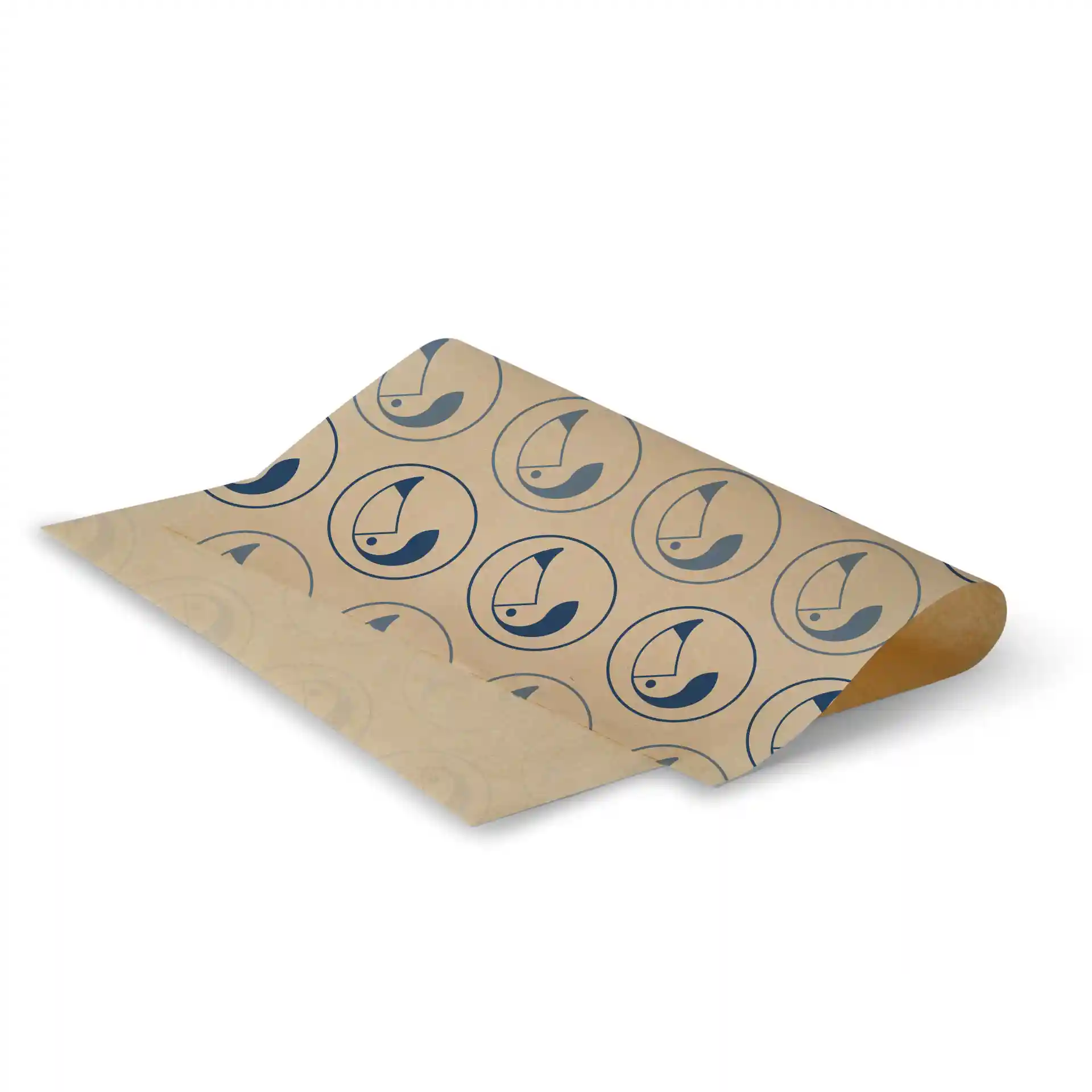 Carta da regalo stampata con sfondo marrone, design circolare ripetuto e simbolo di pesce, misura 43 cm x 33 cm.