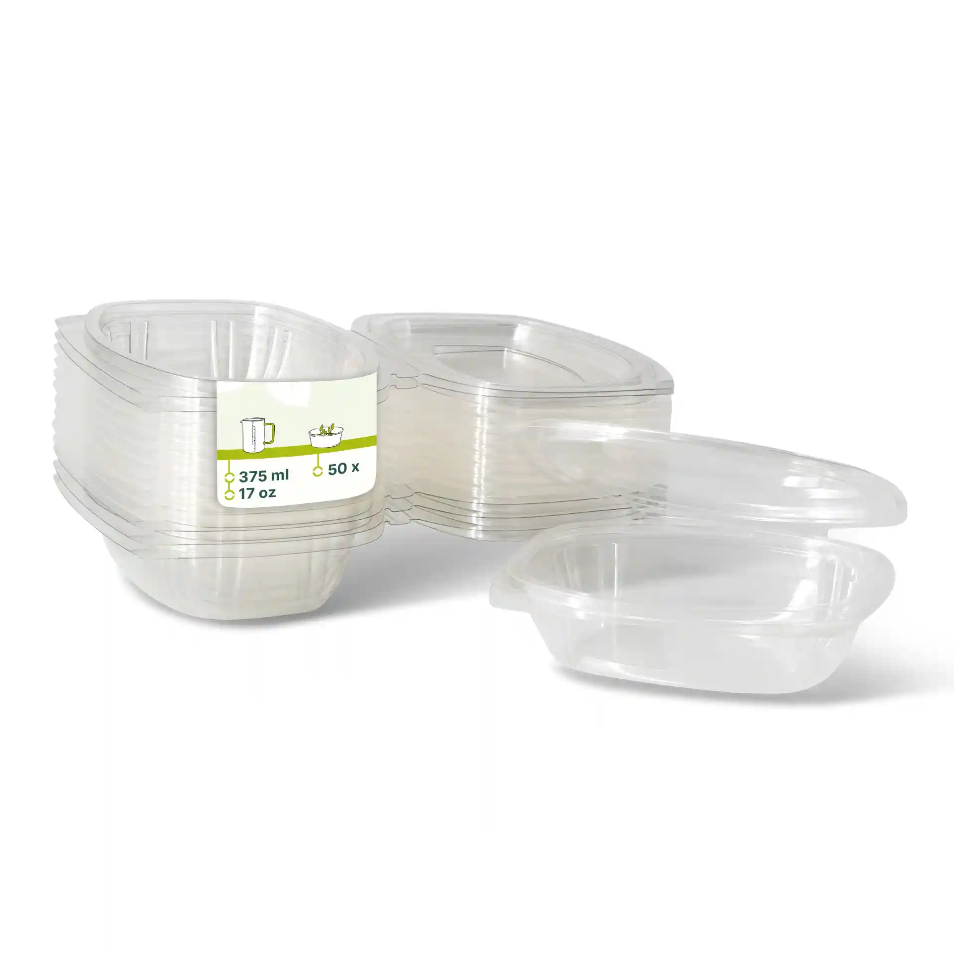 Ciotole rettangolari in PLA trasparenti con coperchi pieghevoli, volume di 375 ml, impilate con diverse visibili.