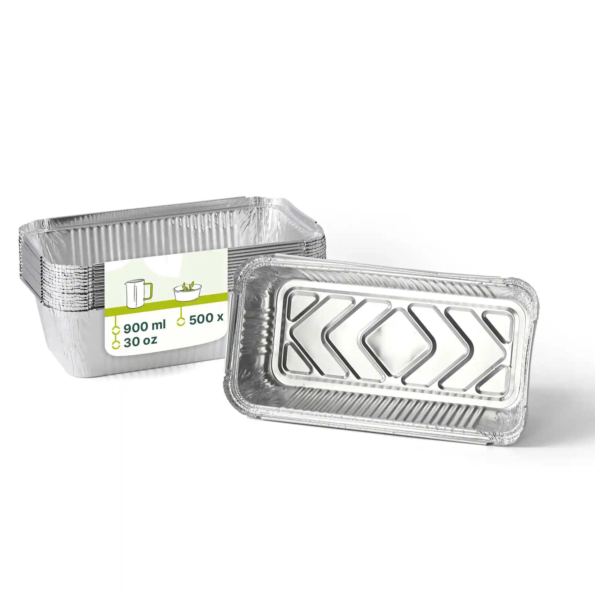 Contenitori in alluminio rettangolari con capacità di 900 ml, misurano 21,8 x 11,3 x 5,4 cm, impilati con uno esposto.