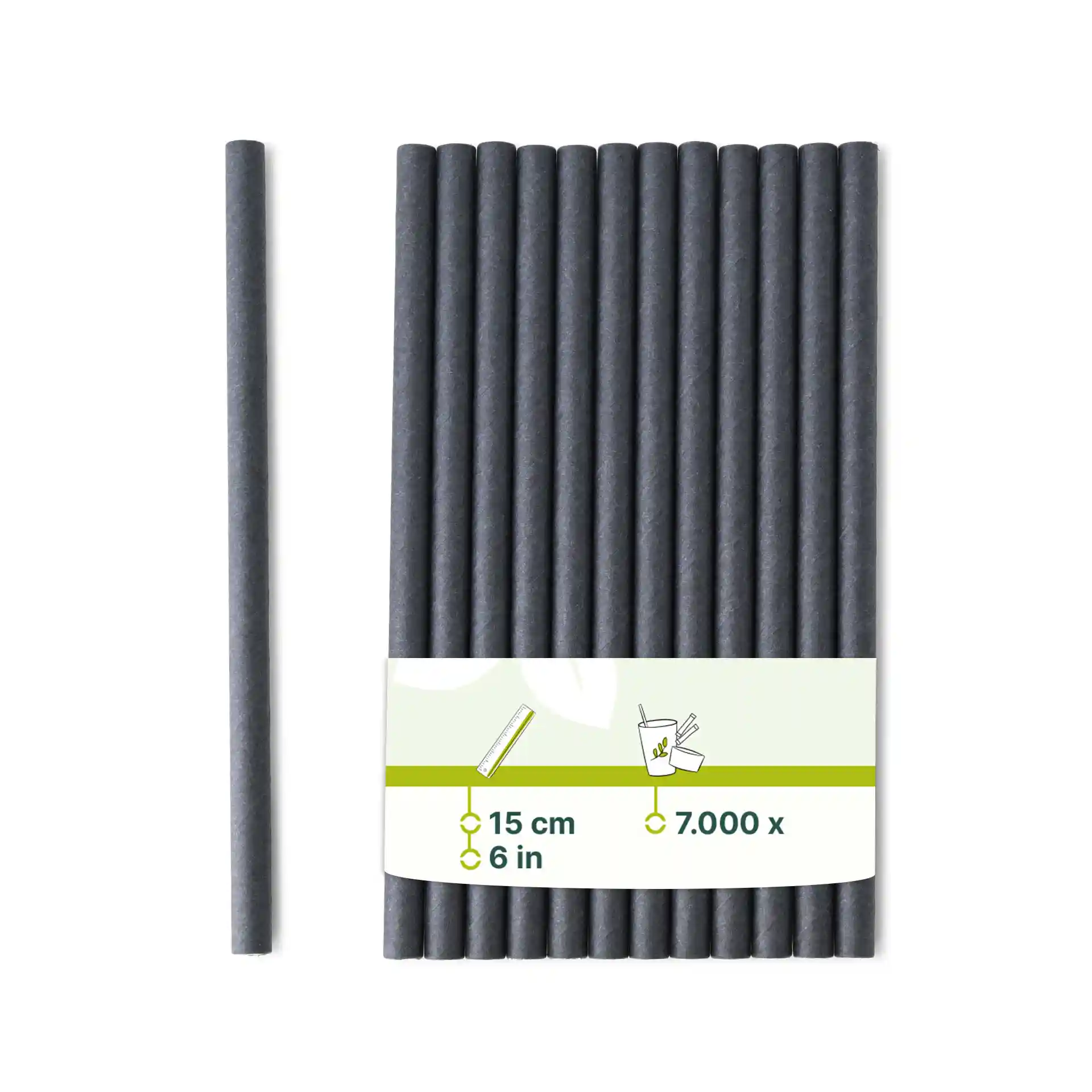 Cannucce da cocktail in carta nera, lunghe 15 cm e con un diametro di 0,7 cm, disposte con un'etichetta che mostra i dettagli del prodotto.