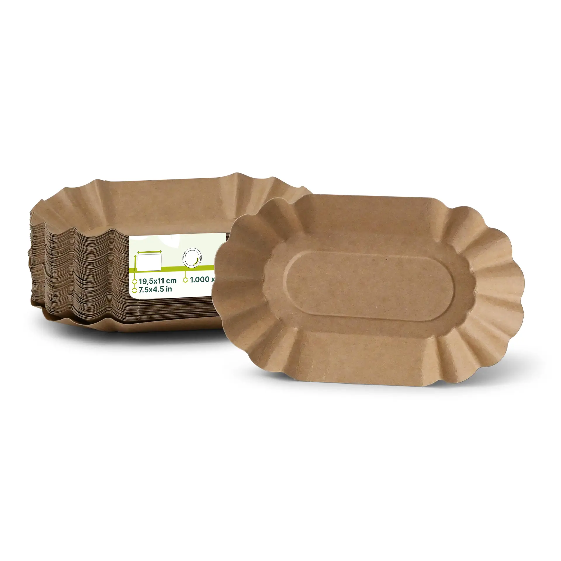 Vassoi in cartone realizzati con materiali riciclati; forma ovale marrone, dimensioni 19,5 x 11 cm, ideali per snack e dolcetti.