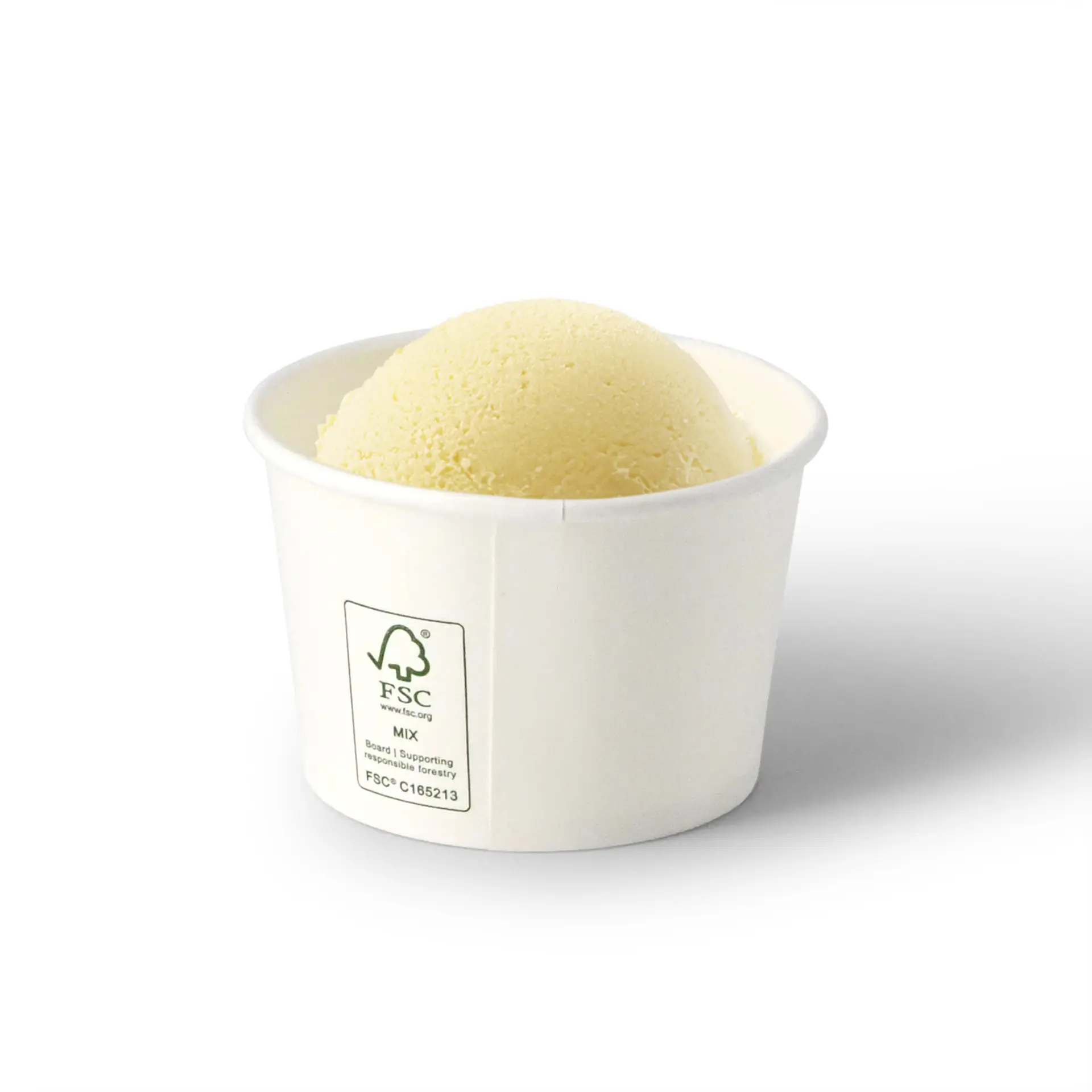 Un bicchiere di carta bianco con bordo arrotolato; presenta i loghi FSC e Climate Safe 360 sul lato.