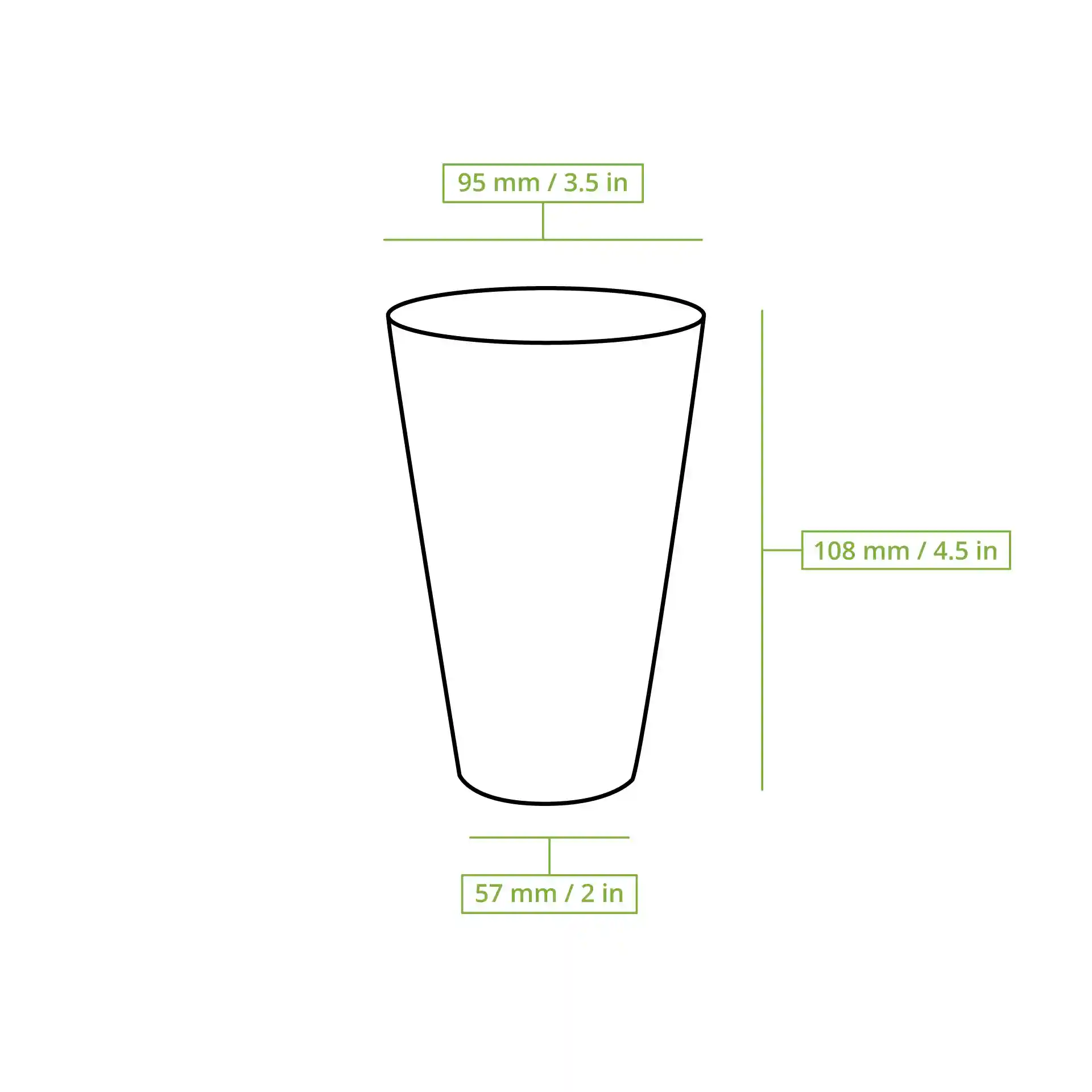 Disegno schematico di un bicchiere con linee di dimensione che mostrano un'altezza di 110 mm, un diametro superiore di 95 mm e un diametro inferiore di 57 mm.
