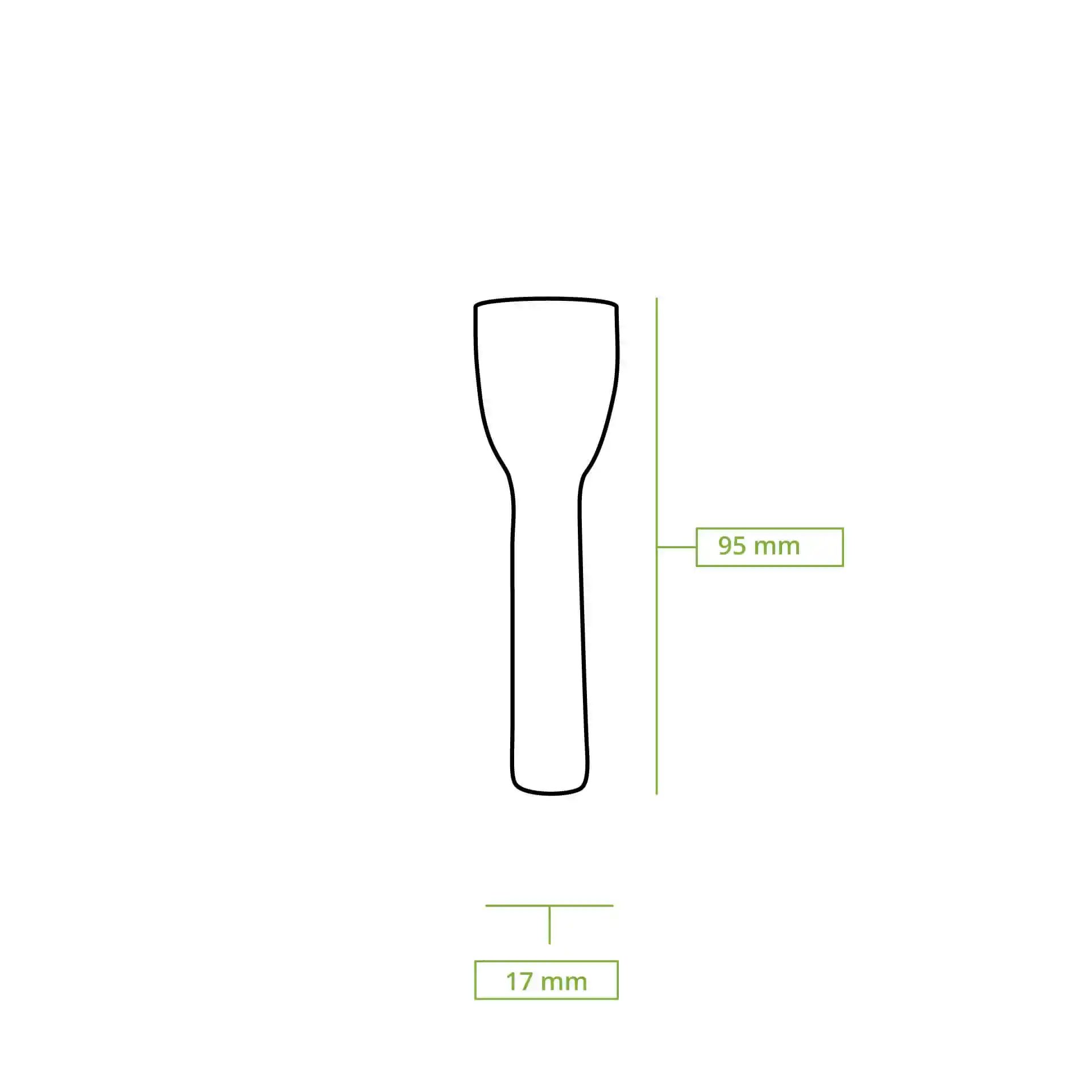 Disegno schematico di un cucchiaio di legno per gelato, lungo 95 mm e largo 17 mm.
