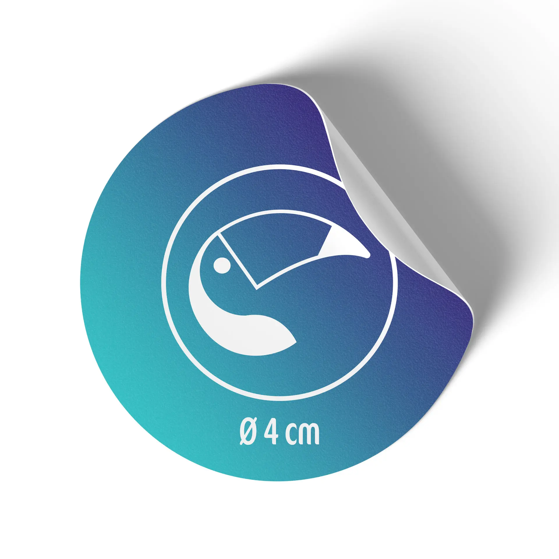 Etichetta rotonda stampata con finitura opaca bianca, con un design del logo, di 4 cm di diametro.
