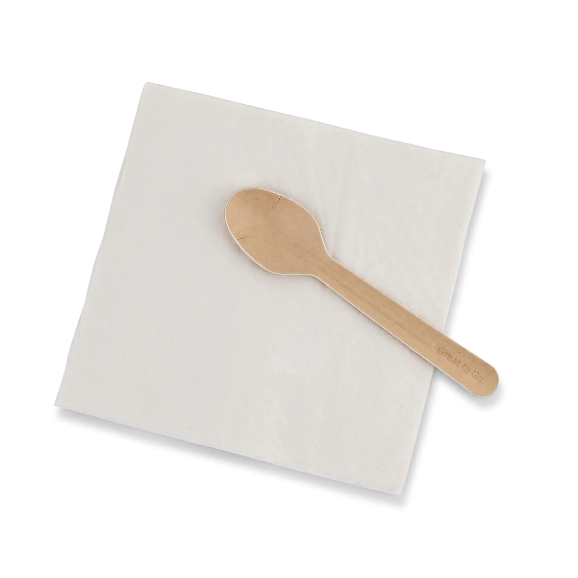 Cucchiaio di carta marrone su un tovagliolo bianco con simbolo di riciclo e testo, che mostra dimensioni e dettagli del materiale.