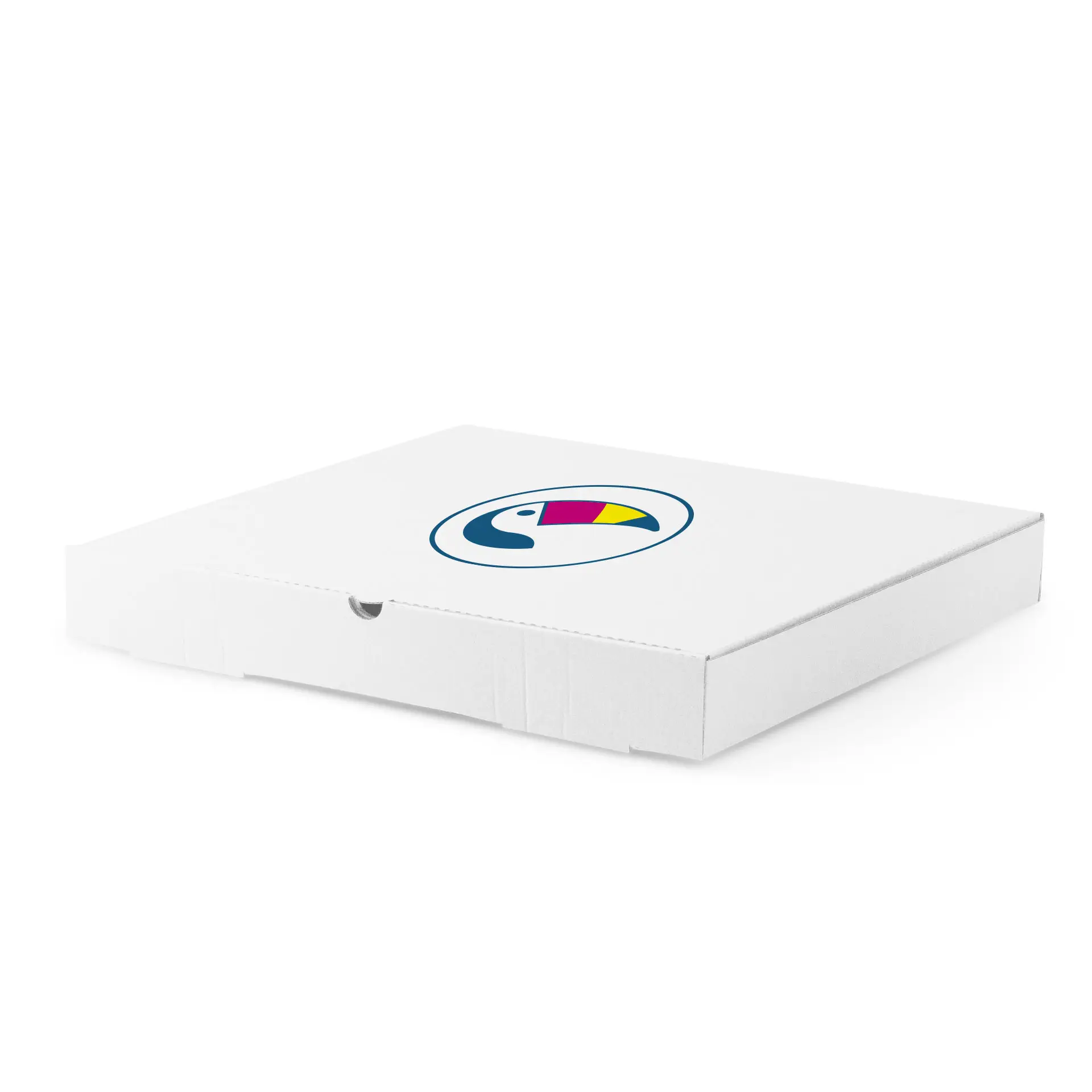 Scatola per pizza bianca con un logo circolare che presenta un design colorato di tucano, misura 32 x 32 x 4 cm.