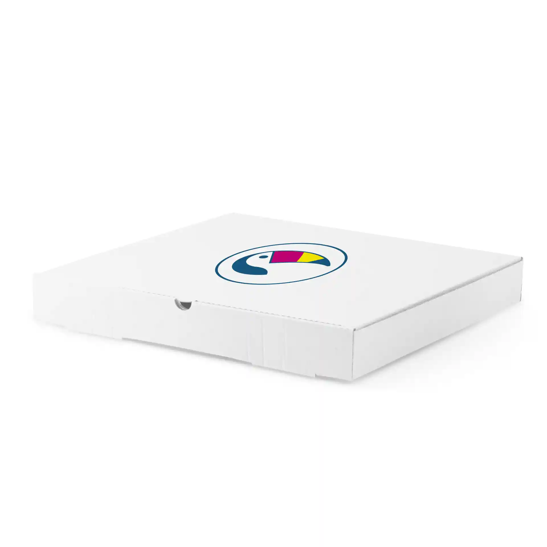 Scatola per pizza bianca con un logo circolare che presenta un design colorato di tucano, misura 32 x 32 x 4 cm.