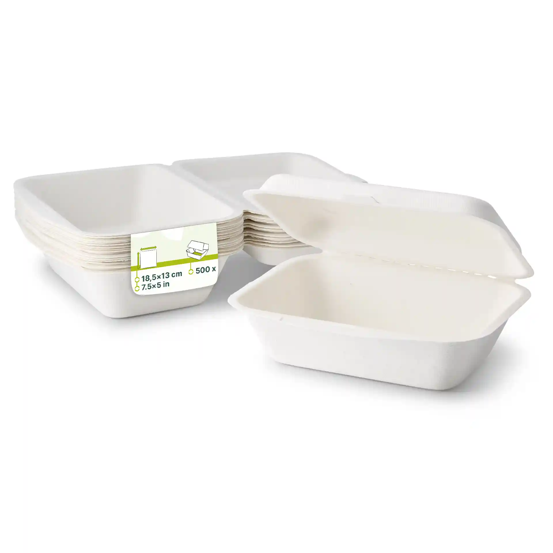 Contenitori alimentari rettangolari bianchi in canna da zucchero con coperchi a cerniera, mostrando diversi impilati e uno aperto.