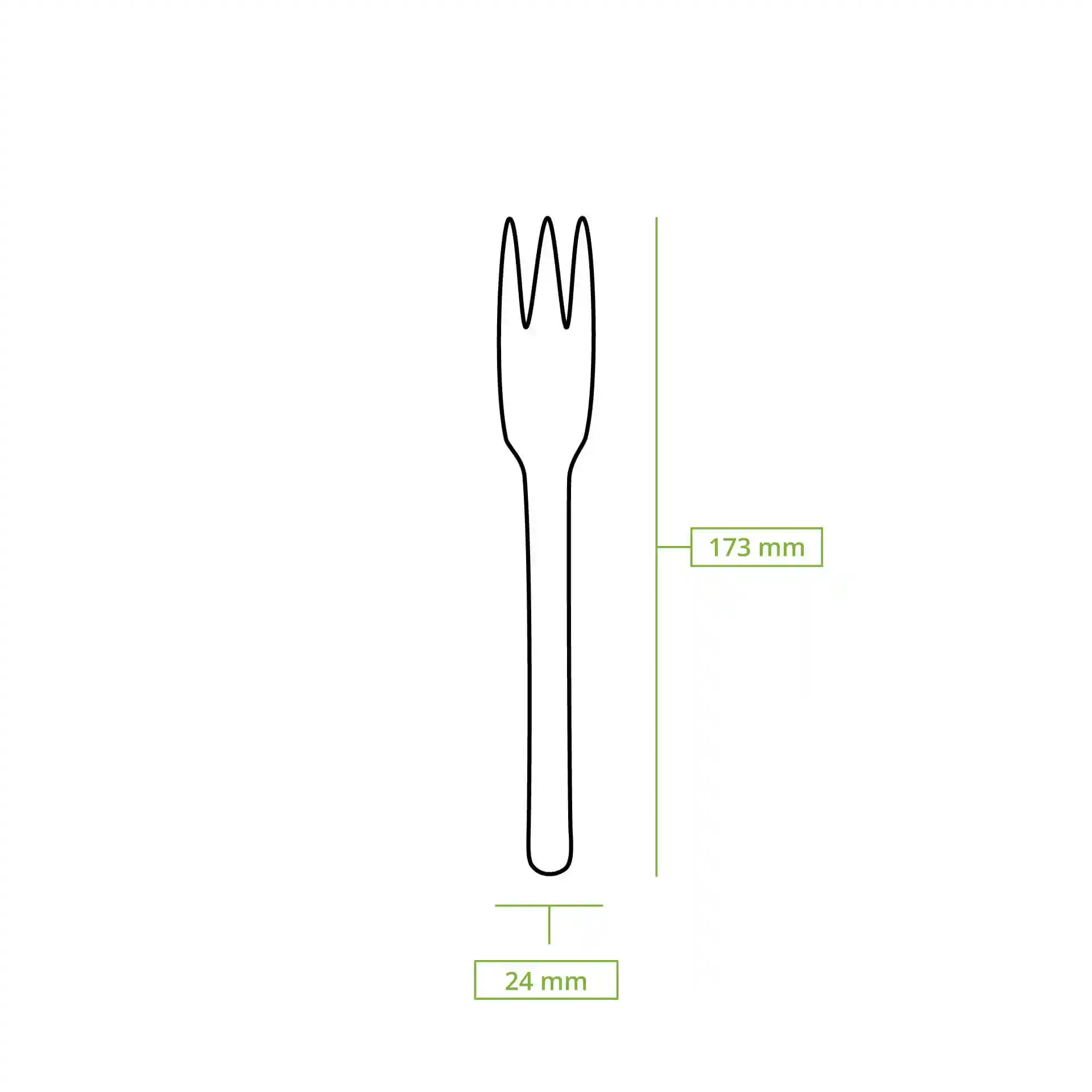 Disegno schematico di una forchetta in legno con dimensioni di 173 mm di lunghezza e 24 mm di larghezza.