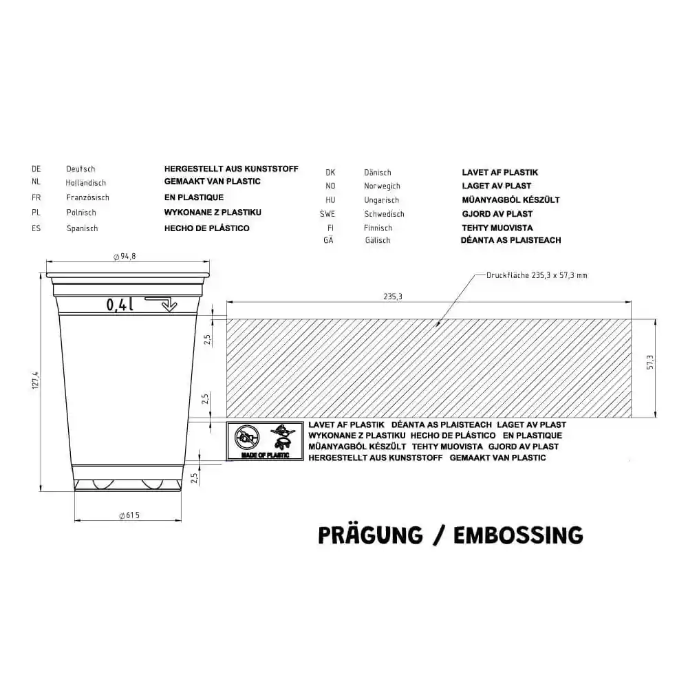Disegno schematico di un bicchiere trasparente rPET da 16 oz con dimensioni e marcature, mostra i diametri superiore e inferiore.